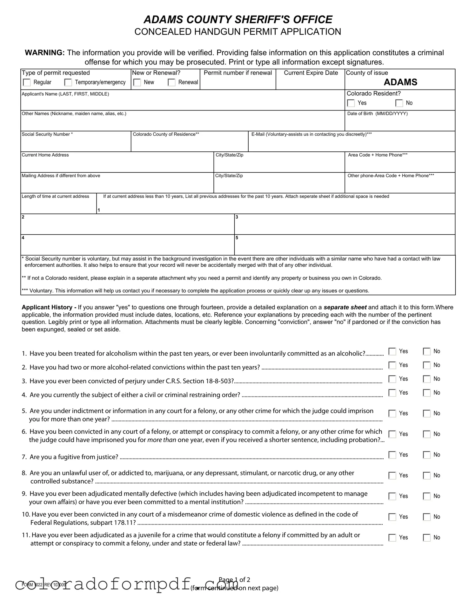 Fill Out Your Adams County Colorado Concealed Permit Form