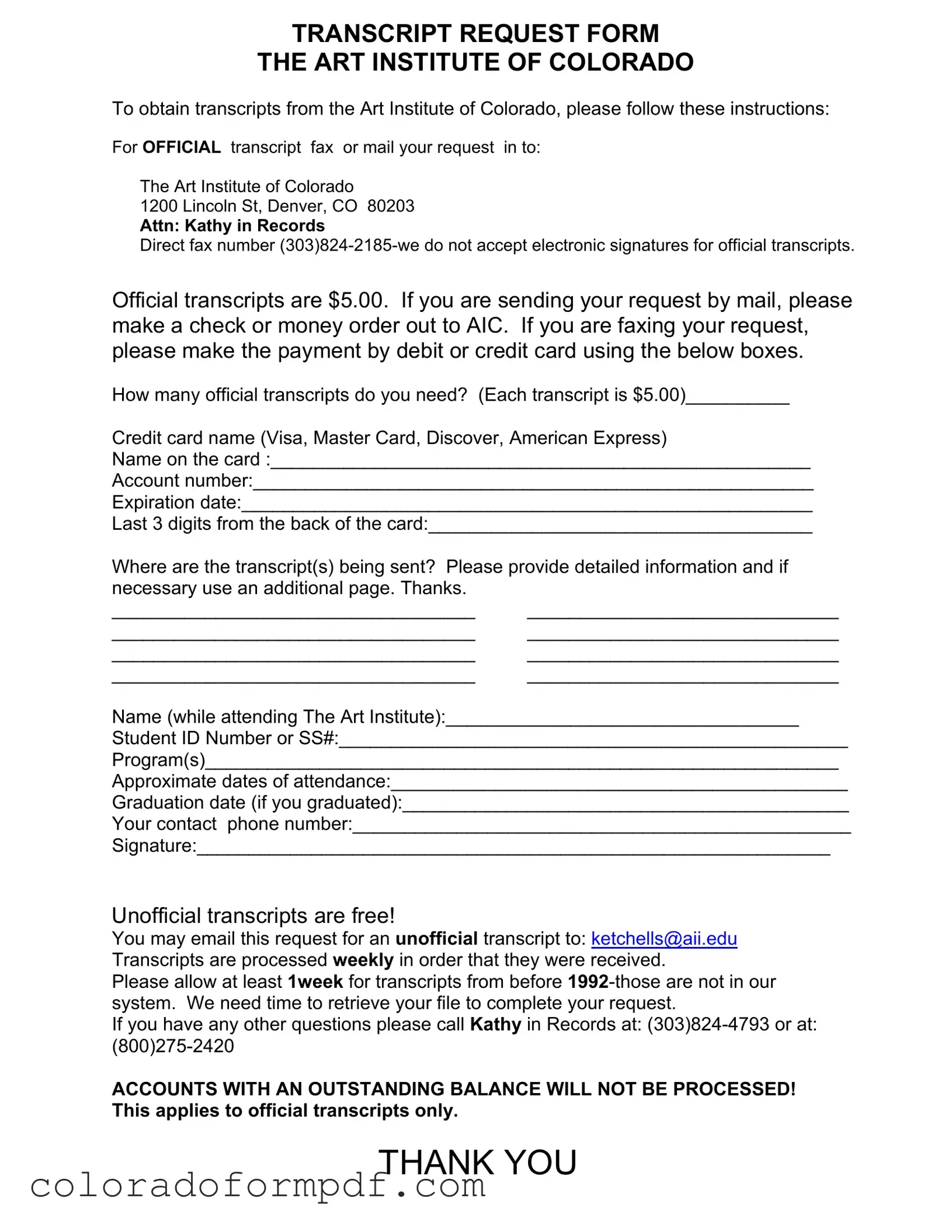 Fill Out Your Art Institute Colorado Transcript Request Form