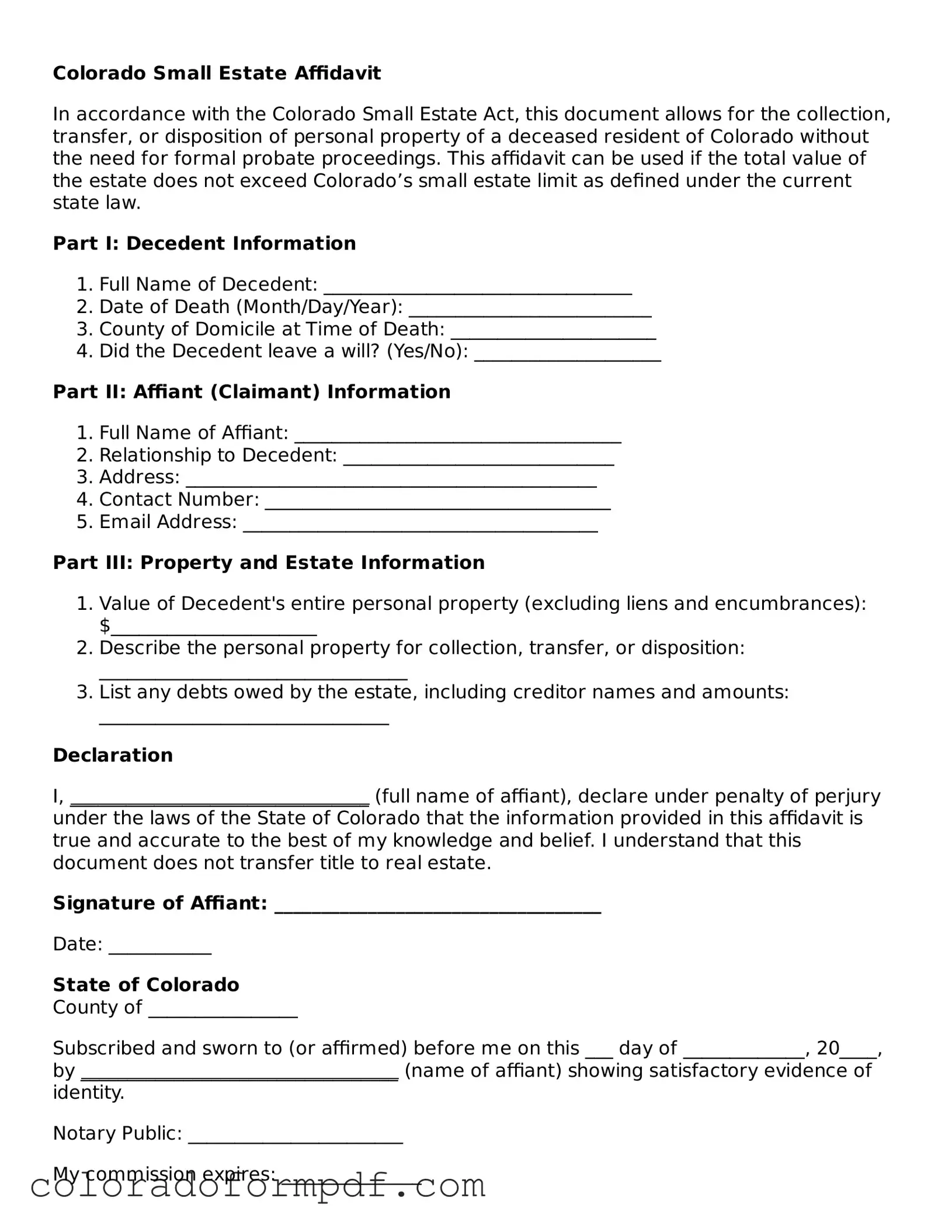 Attorney-Approved  Small Estate Affidavit Template for Colorado