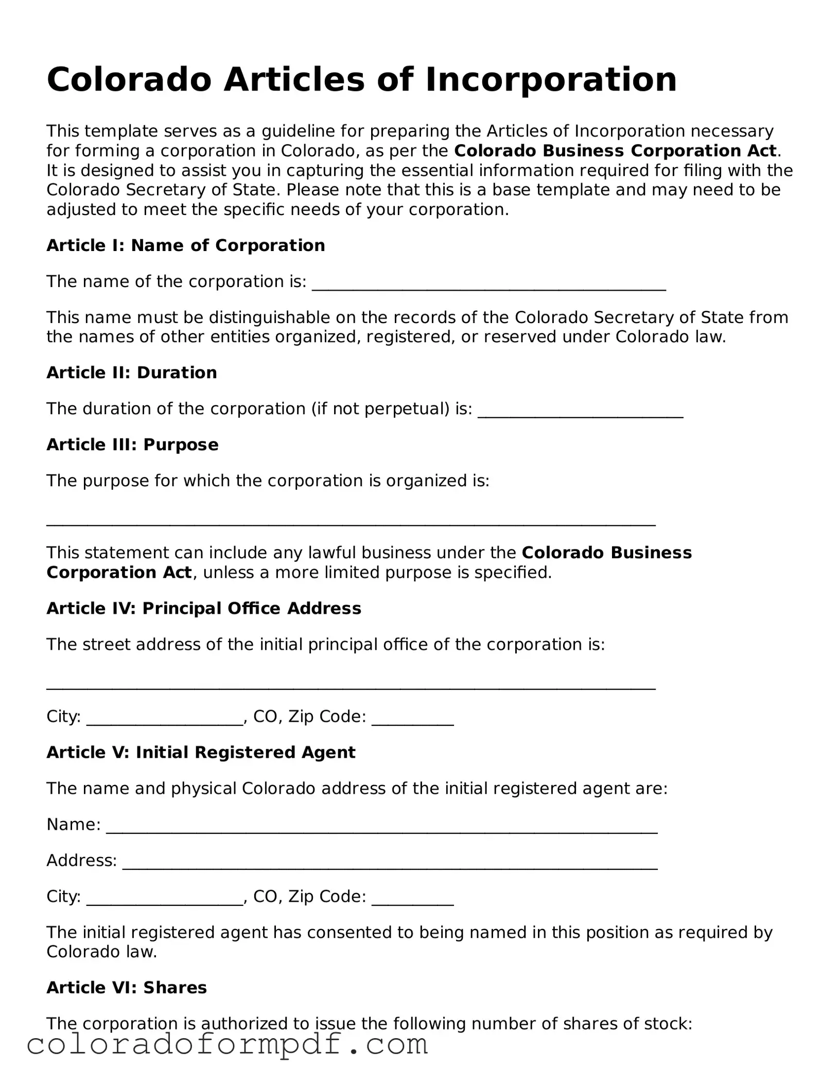 Attorney-Approved  Articles of Incorporation Template for Colorado