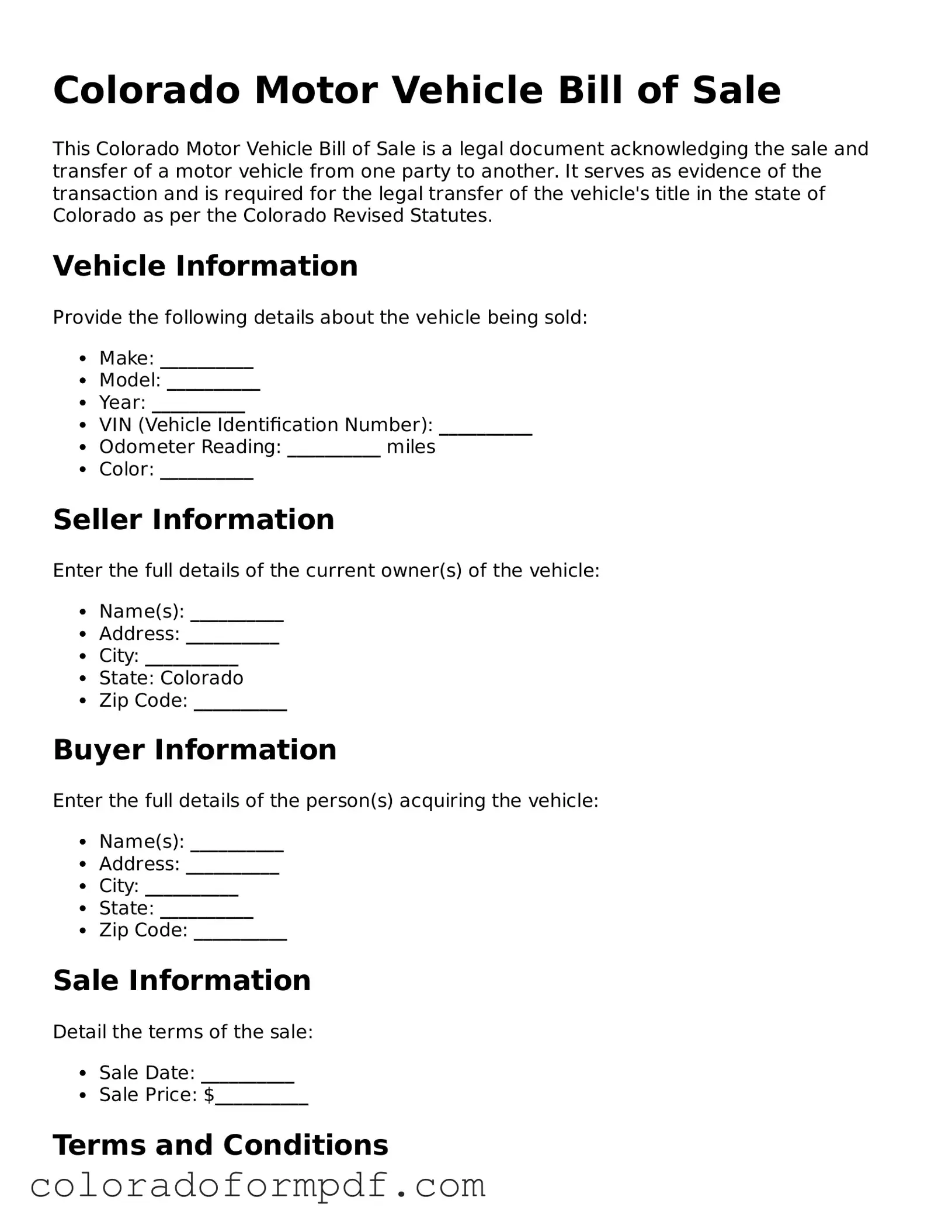 Attorney-Approved  Motor Vehicle Bill of Sale Template for Colorado