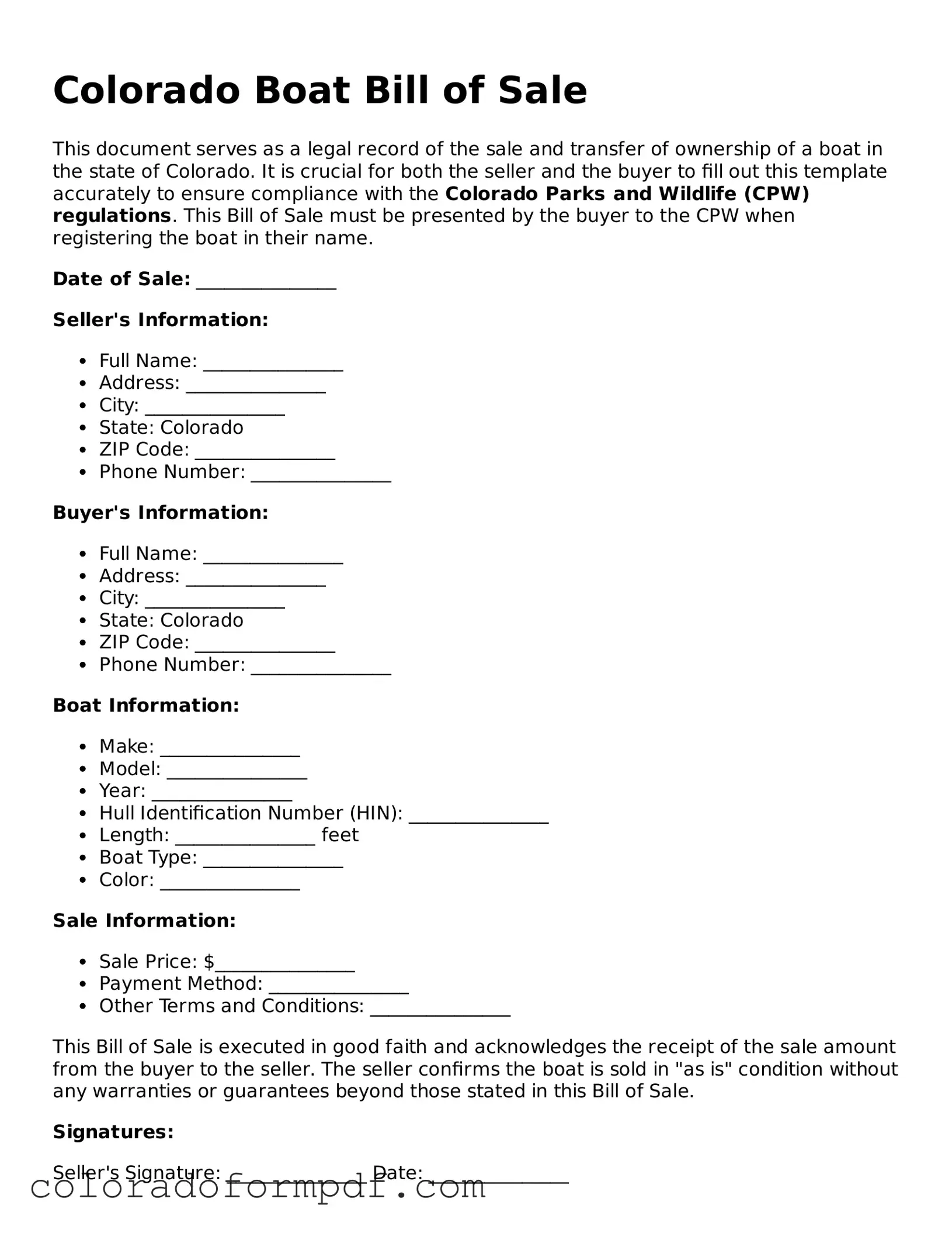 Attorney-Approved  Boat Bill of Sale Template for Colorado