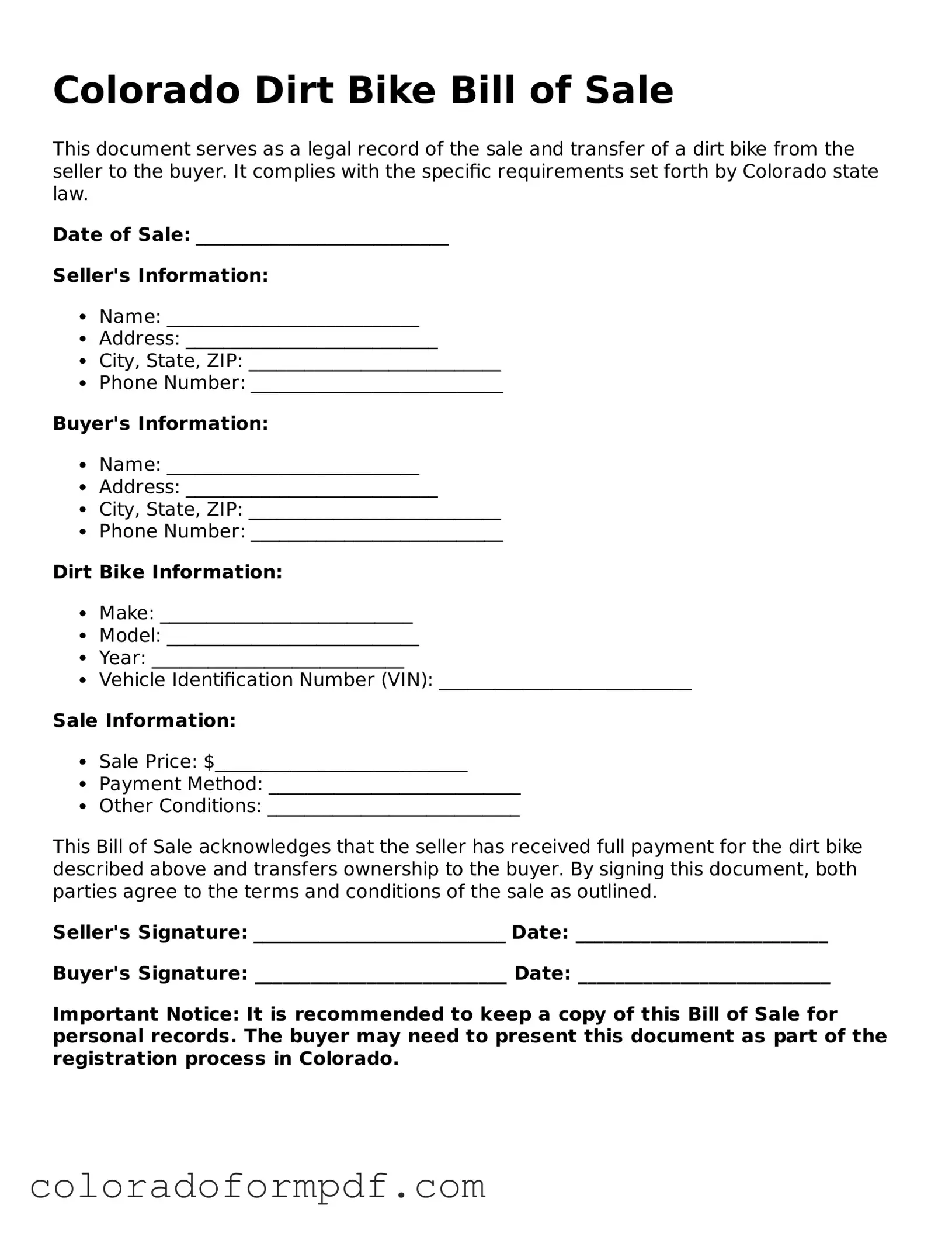 Attorney-Approved  Dirt Bike Bill of Sale Template for Colorado