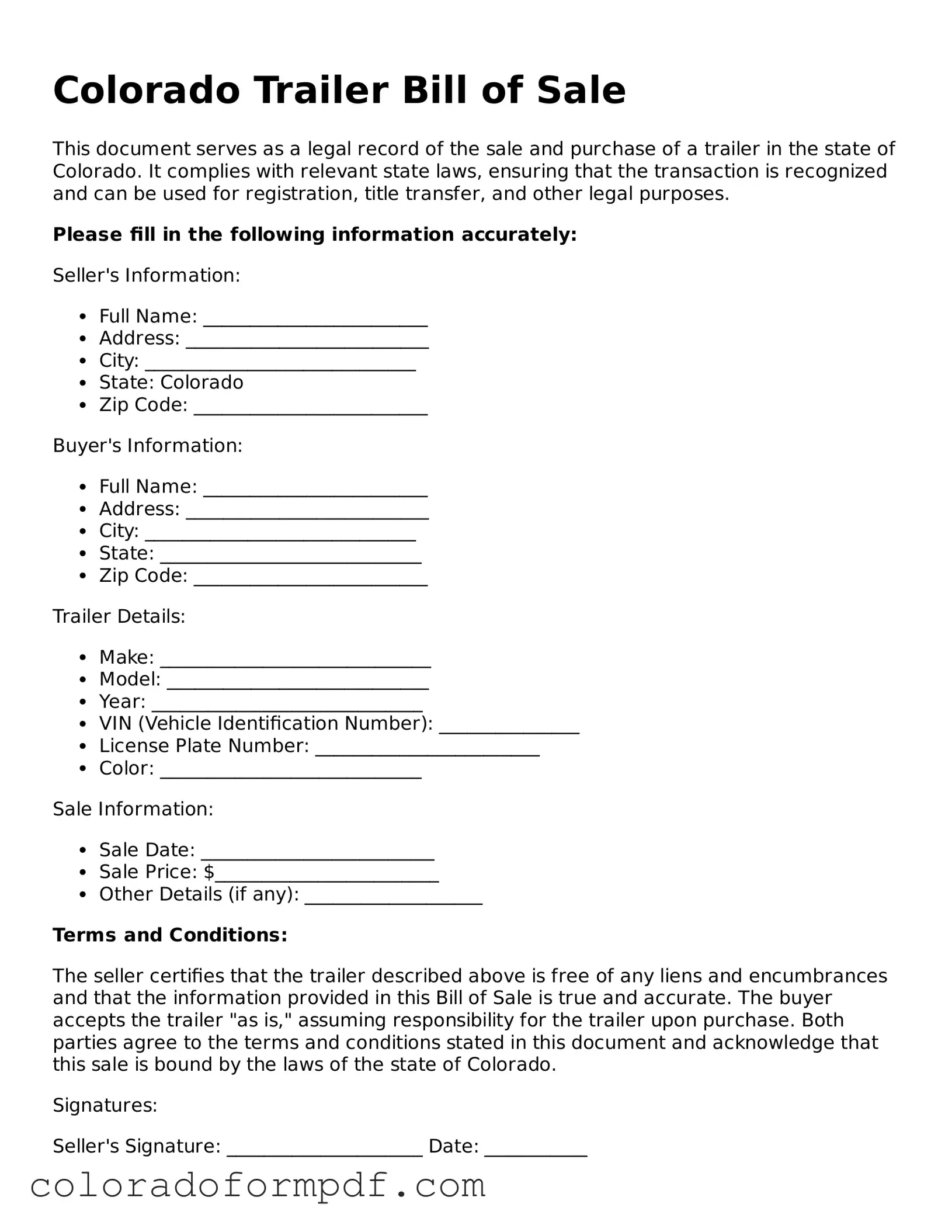 Attorney-Approved  Trailer Bill of Sale Template for Colorado