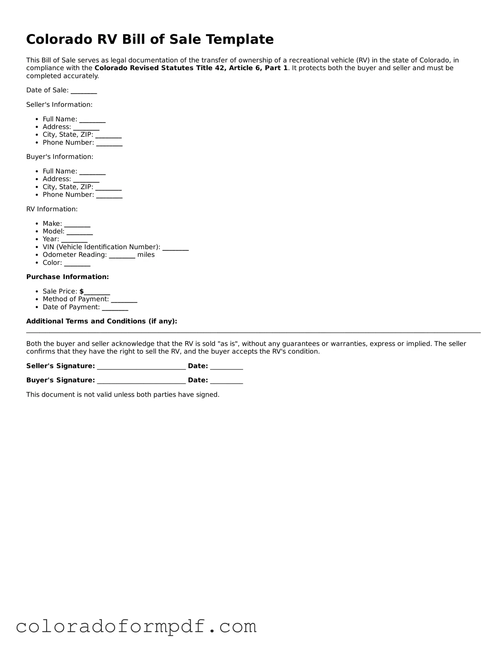 Attorney-Approved  RV Bill of Sale Template for Colorado