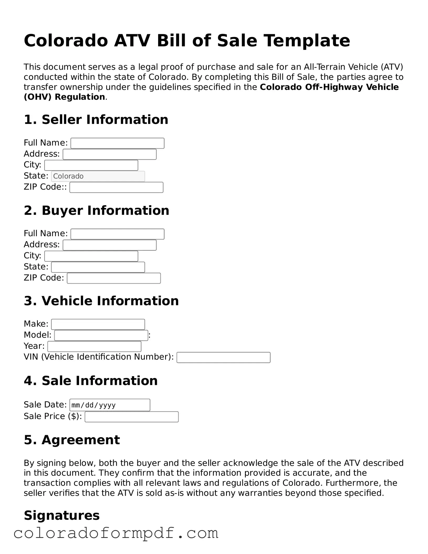 Attorney-Approved  ATV Bill of Sale Template for Colorado