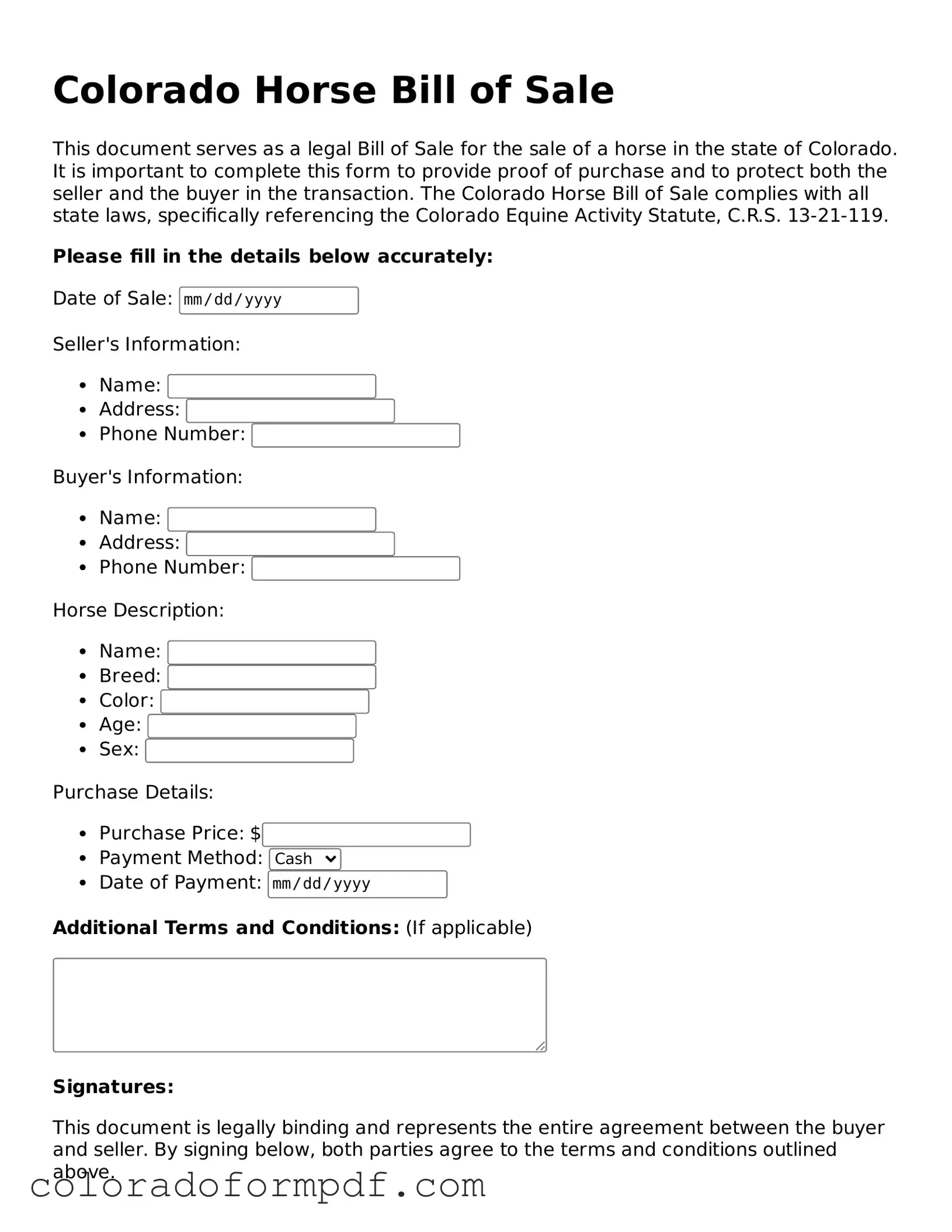 Attorney-Approved  Horse Bill of Sale Template for Colorado