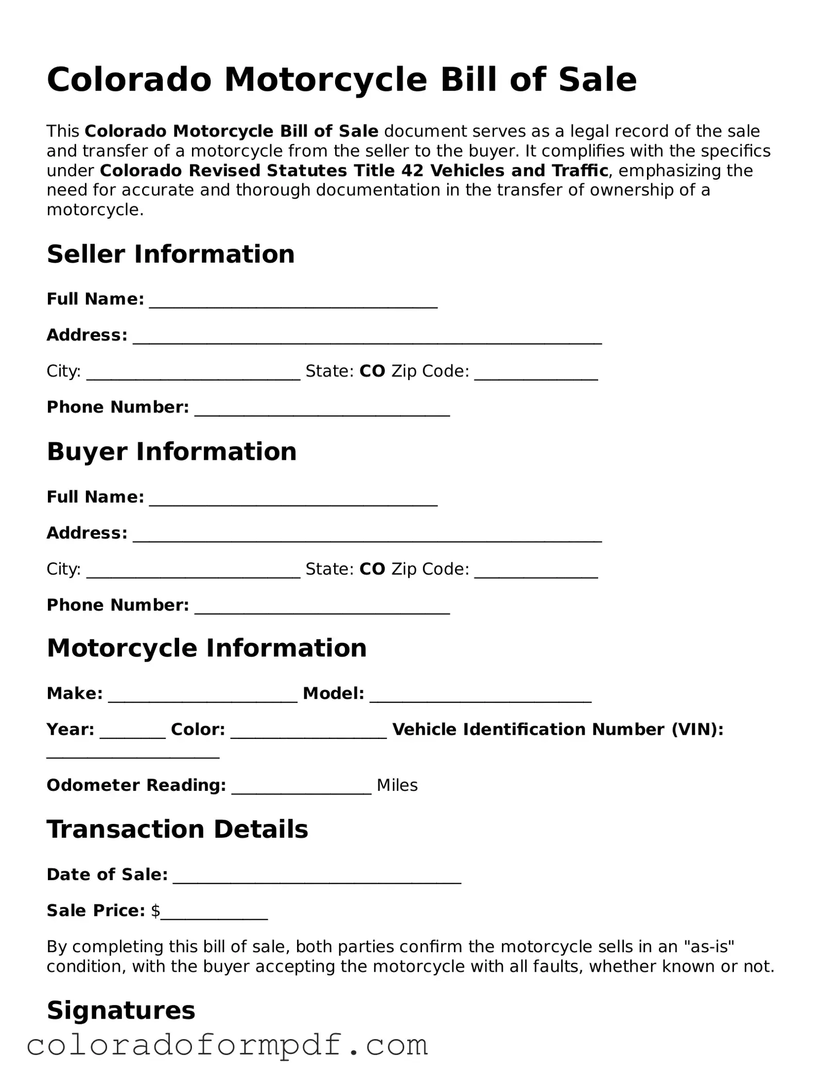 Attorney-Approved  Motorcycle Bill of Sale Template for Colorado