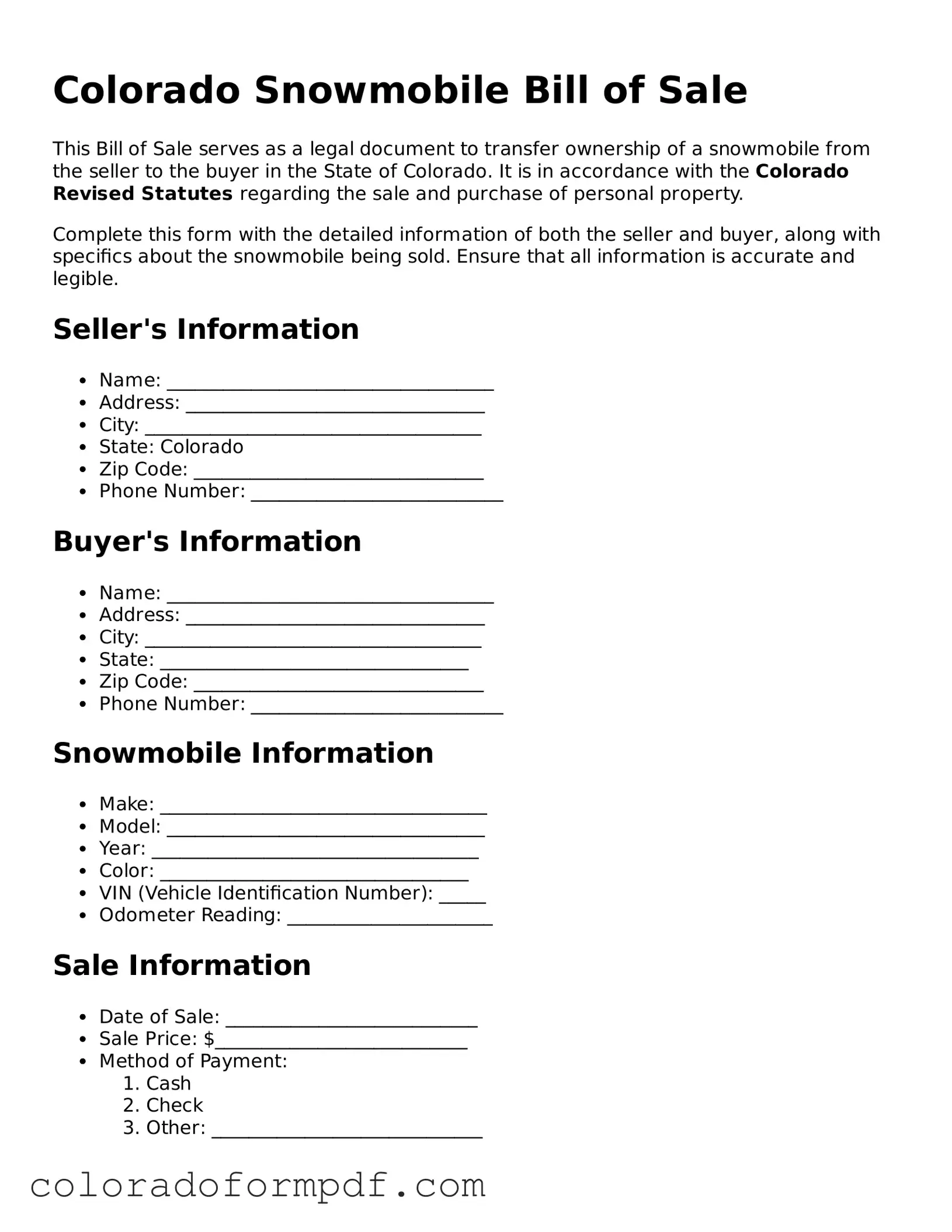 Attorney-Approved  Snowmobile Bill of Sale Template for Colorado