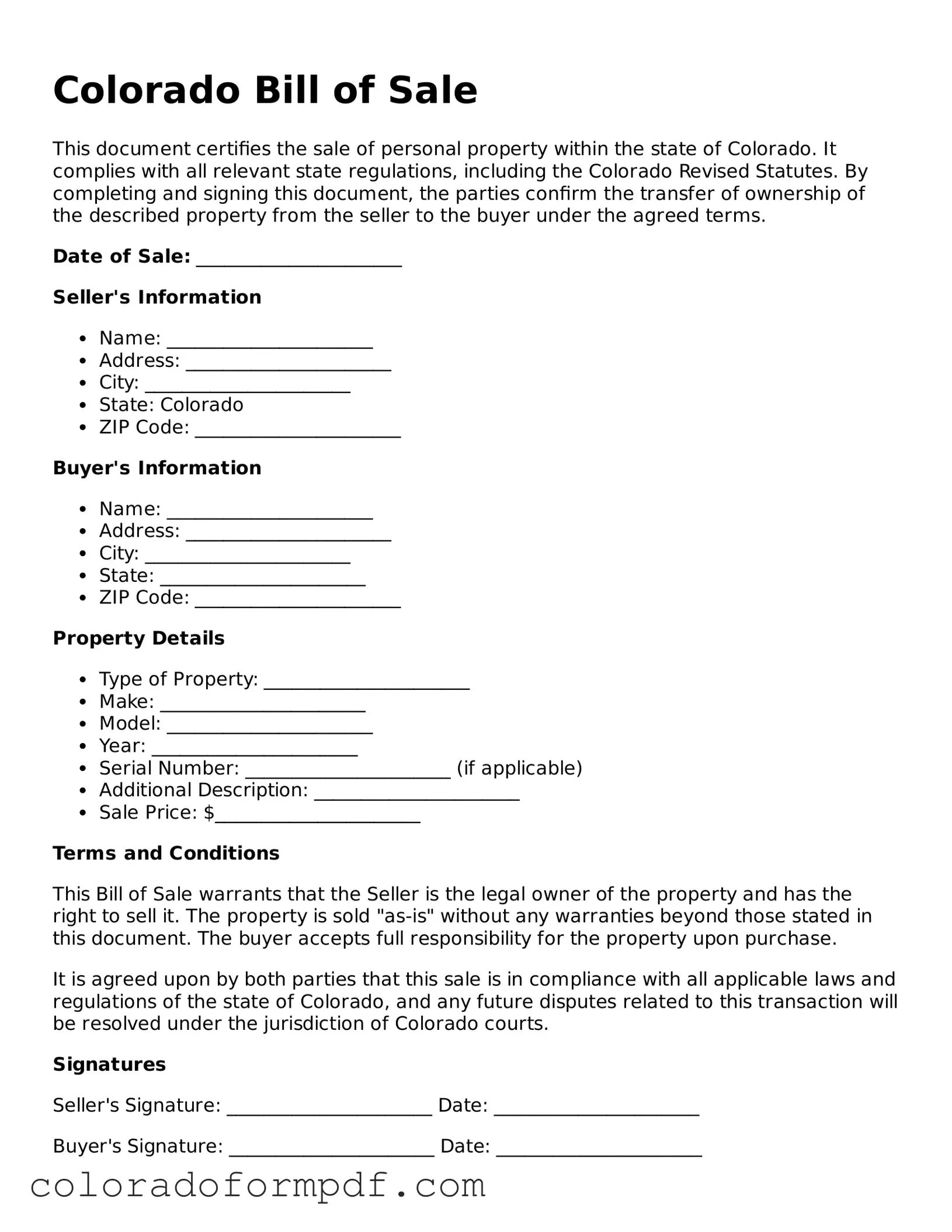 Attorney-Approved  Bill of Sale Template for Colorado