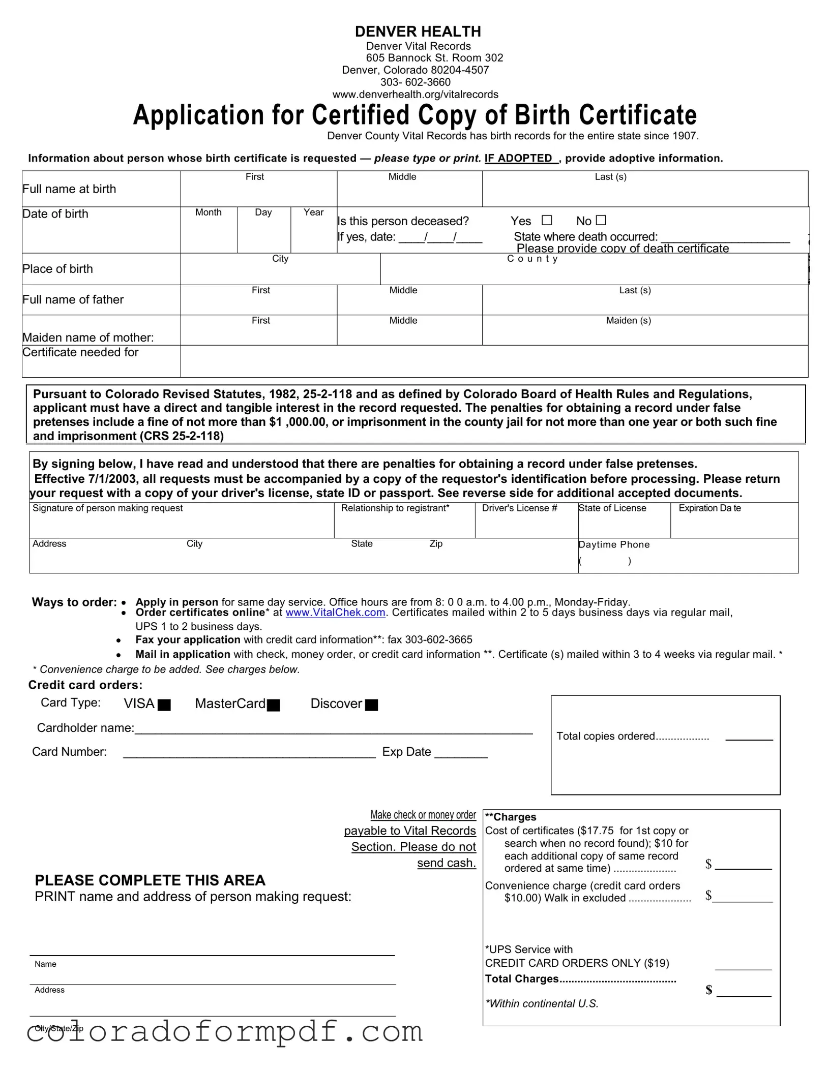 Fill Out Your Colorado Denver Application Birth Certificate Form