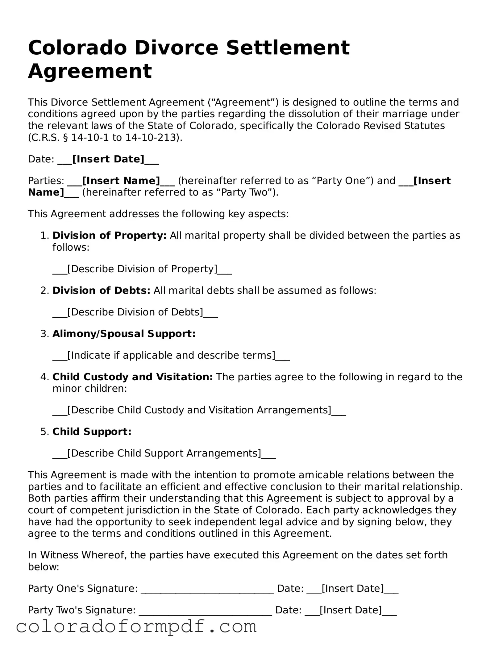 Attorney-Approved  Divorce Settlement Agreement Template for Colorado