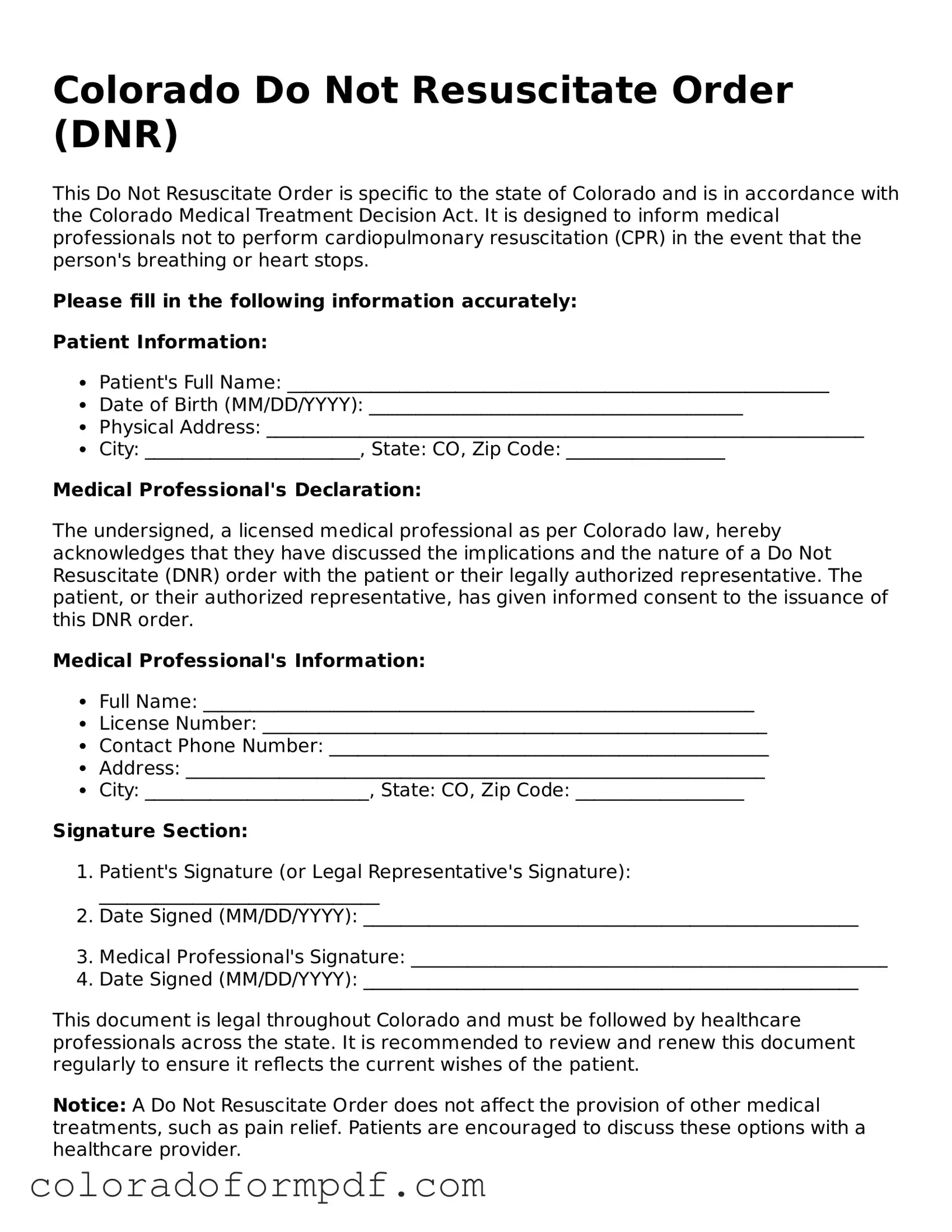 Attorney-Approved  Do Not Resuscitate Order Template for Colorado