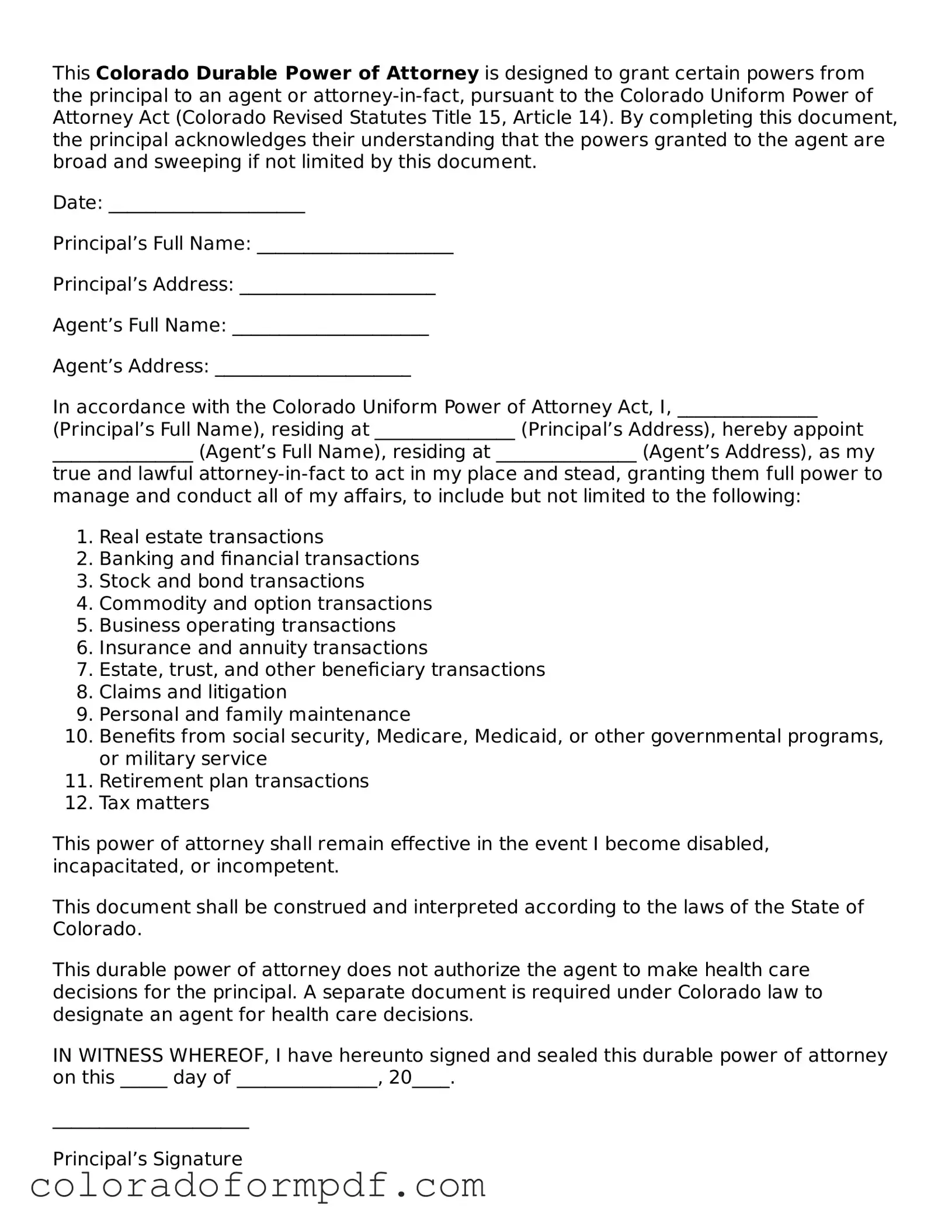 Attorney-Approved  Durable Power of Attorney Template for Colorado