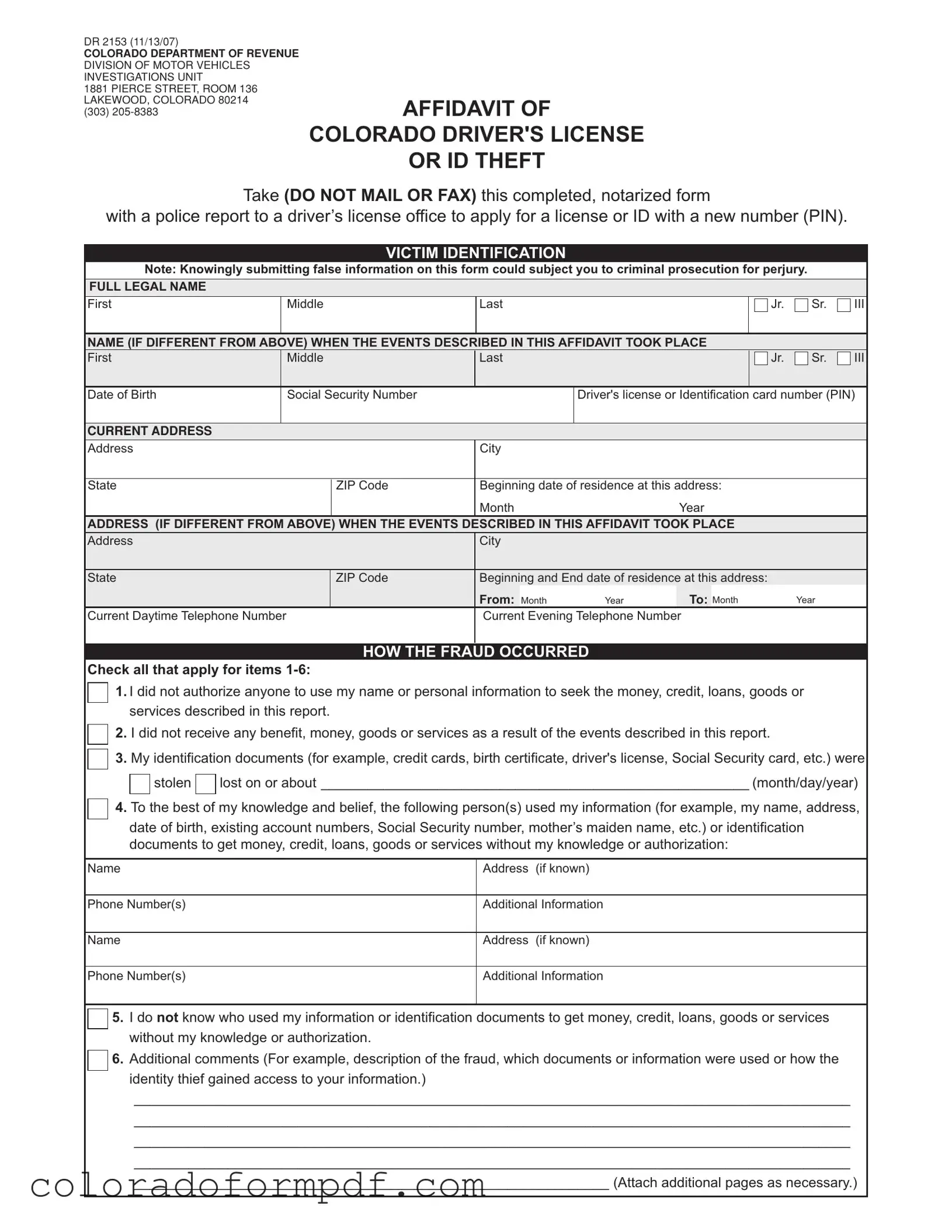 Fill Out Your Colorado Dr 2153 Form