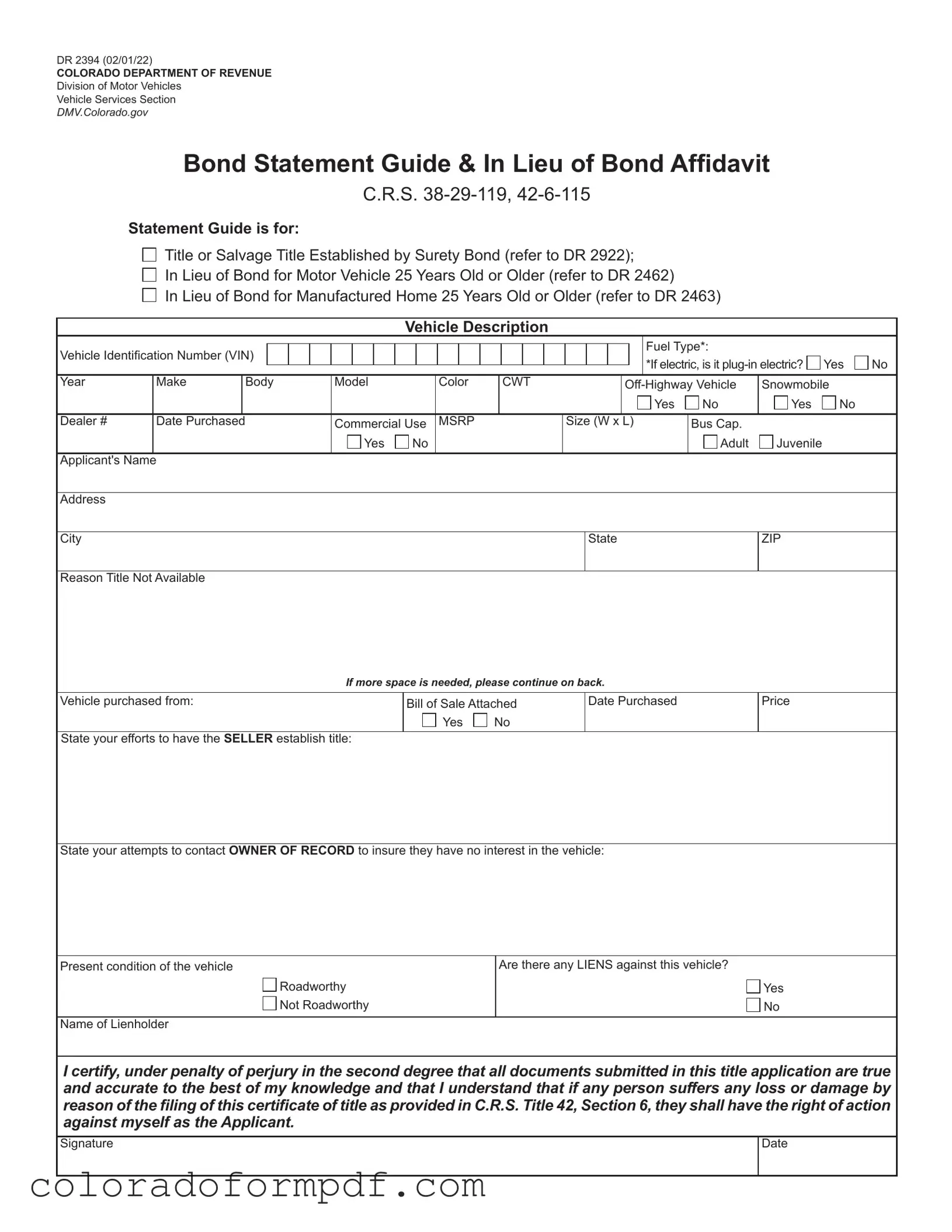 Fill Out Your Colorado Dr 2394 Form