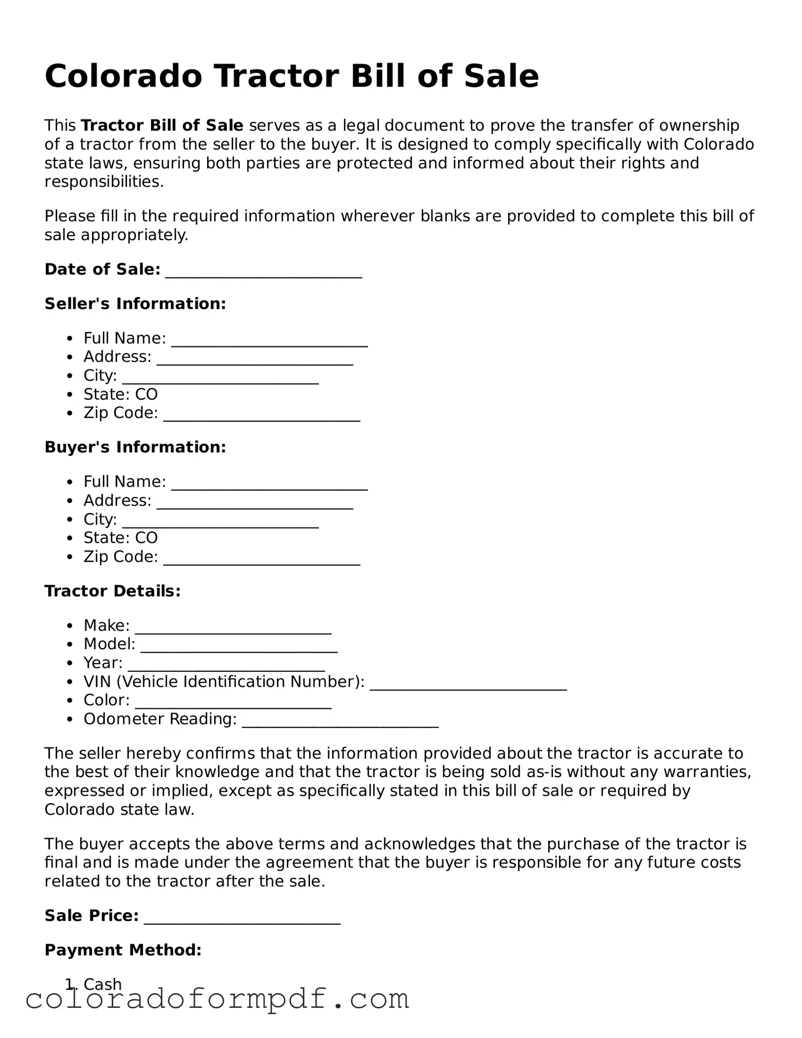 Attorney-Approved  Tractor Bill of Sale Template for Colorado