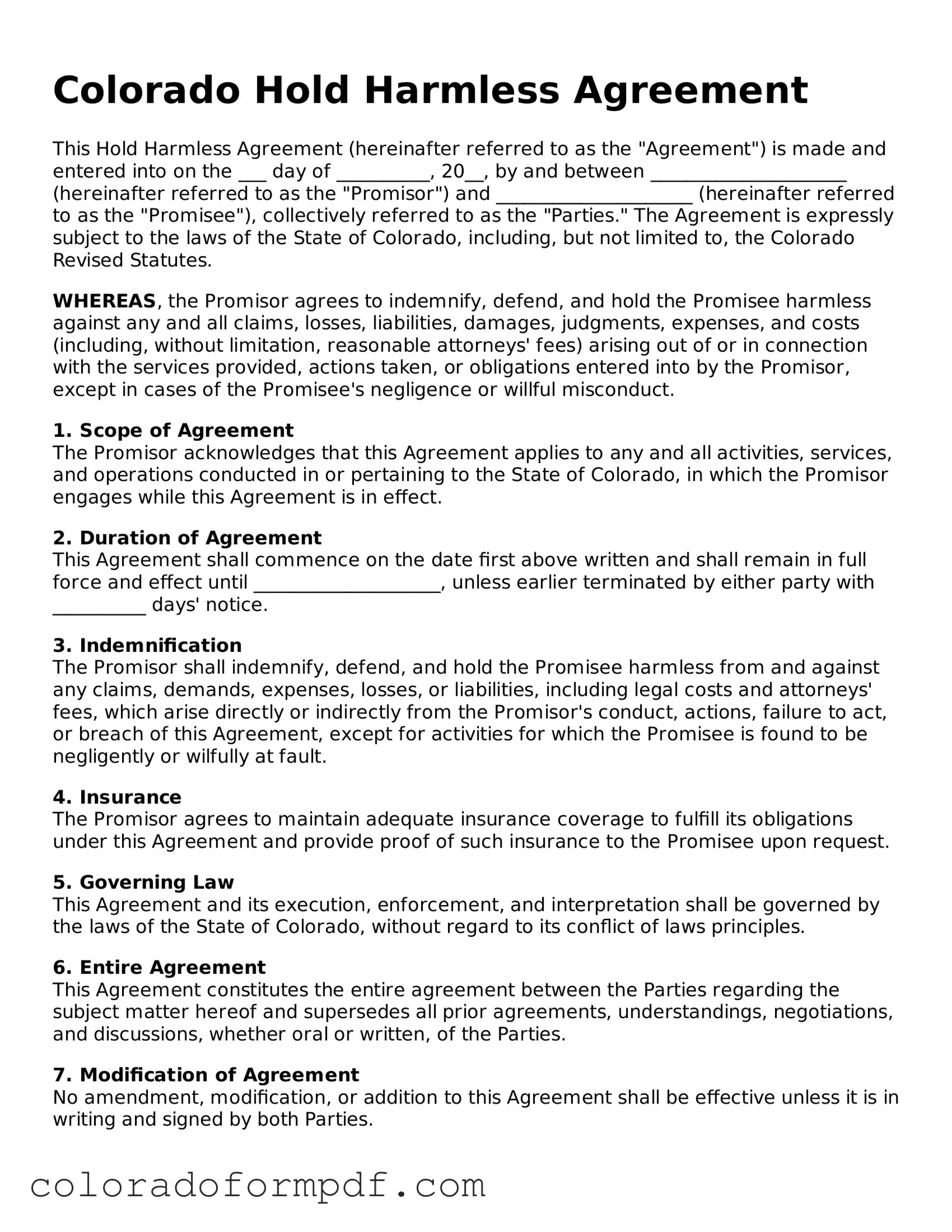 Attorney-Approved  Hold Harmless Agreement Template for Colorado