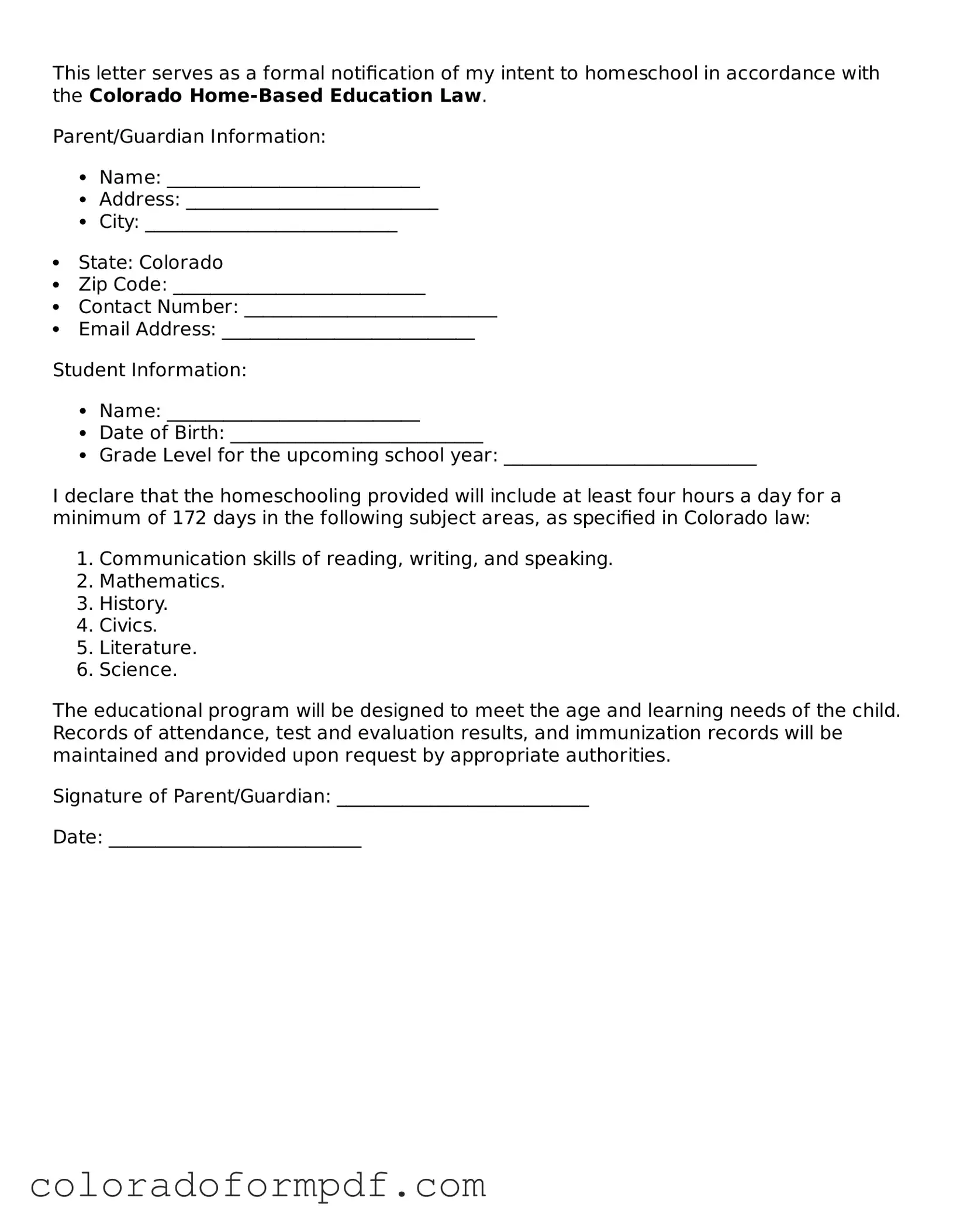 Attorney-Approved  Homeschool Letter of Intent Template for Colorado