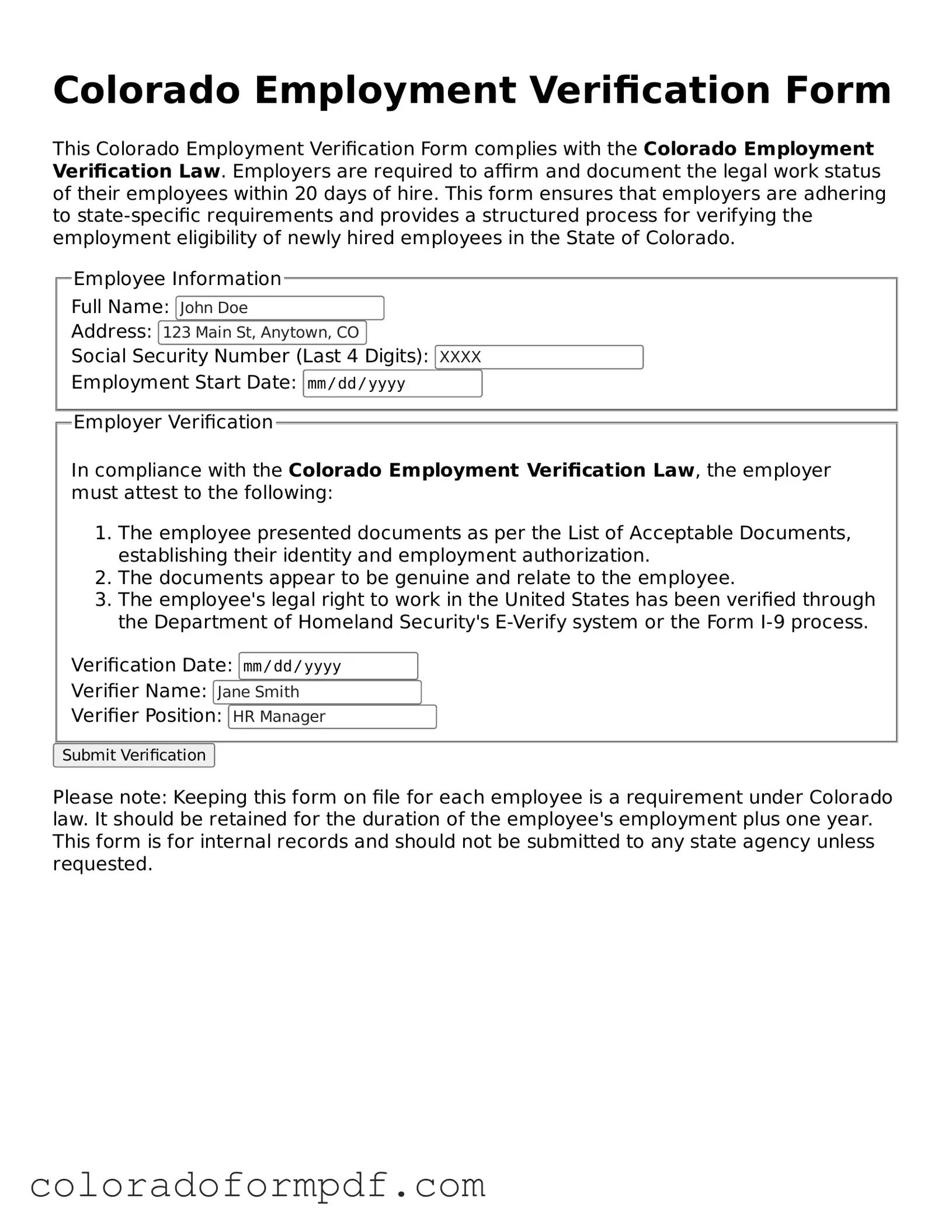 Attorney-Approved  Employment Verification Template for Colorado