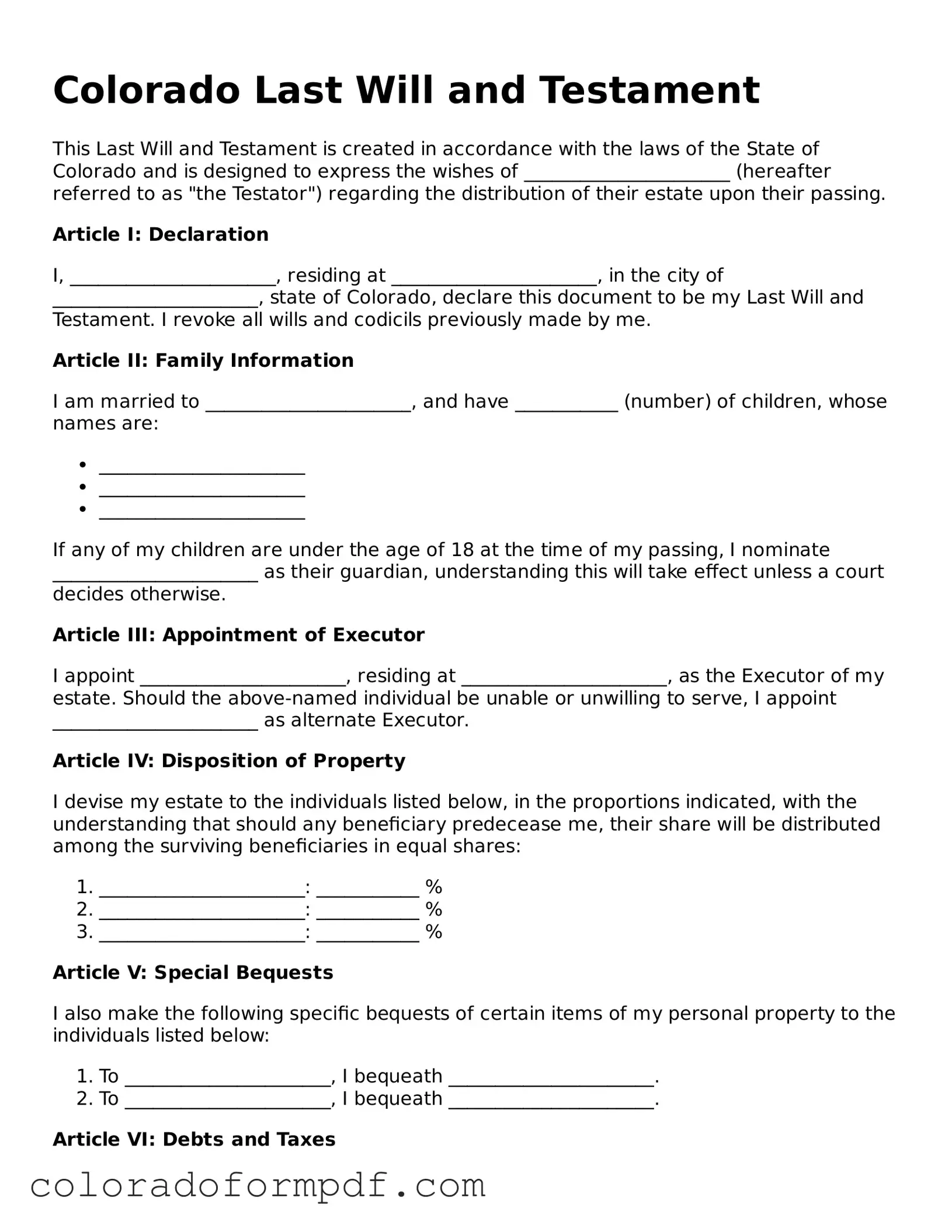 Attorney-Approved  Last Will and Testament Template for Colorado