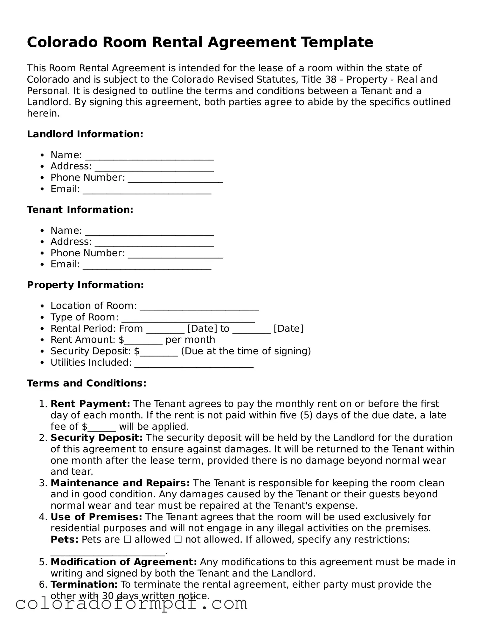 Attorney-Approved  Room Rental Agreement Template for Colorado
