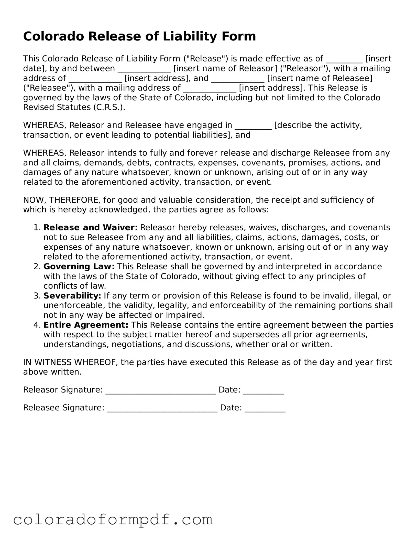Attorney-Approved  Release of Liability Template for Colorado