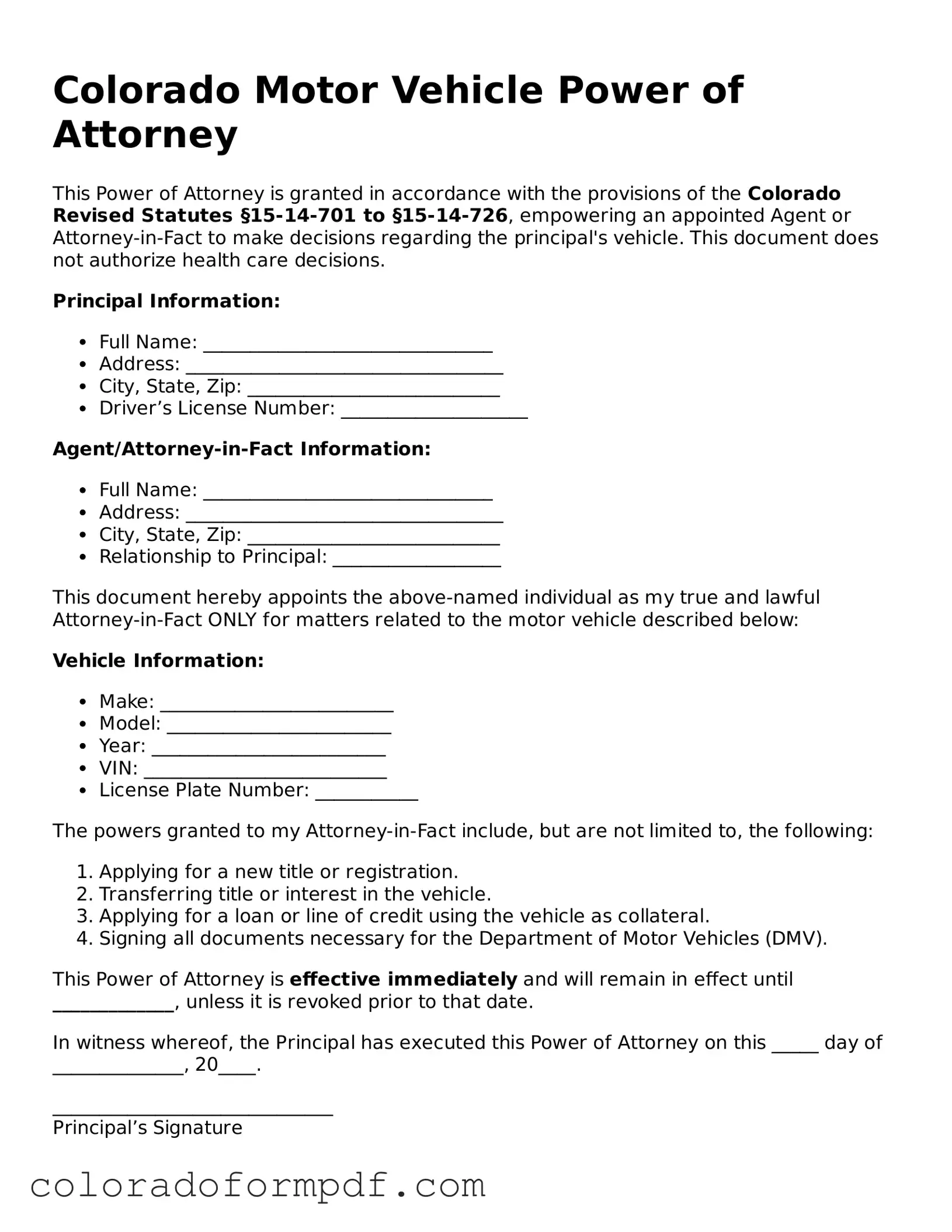 Attorney-Approved  Motor Vehicle Power of Attorney Template for Colorado