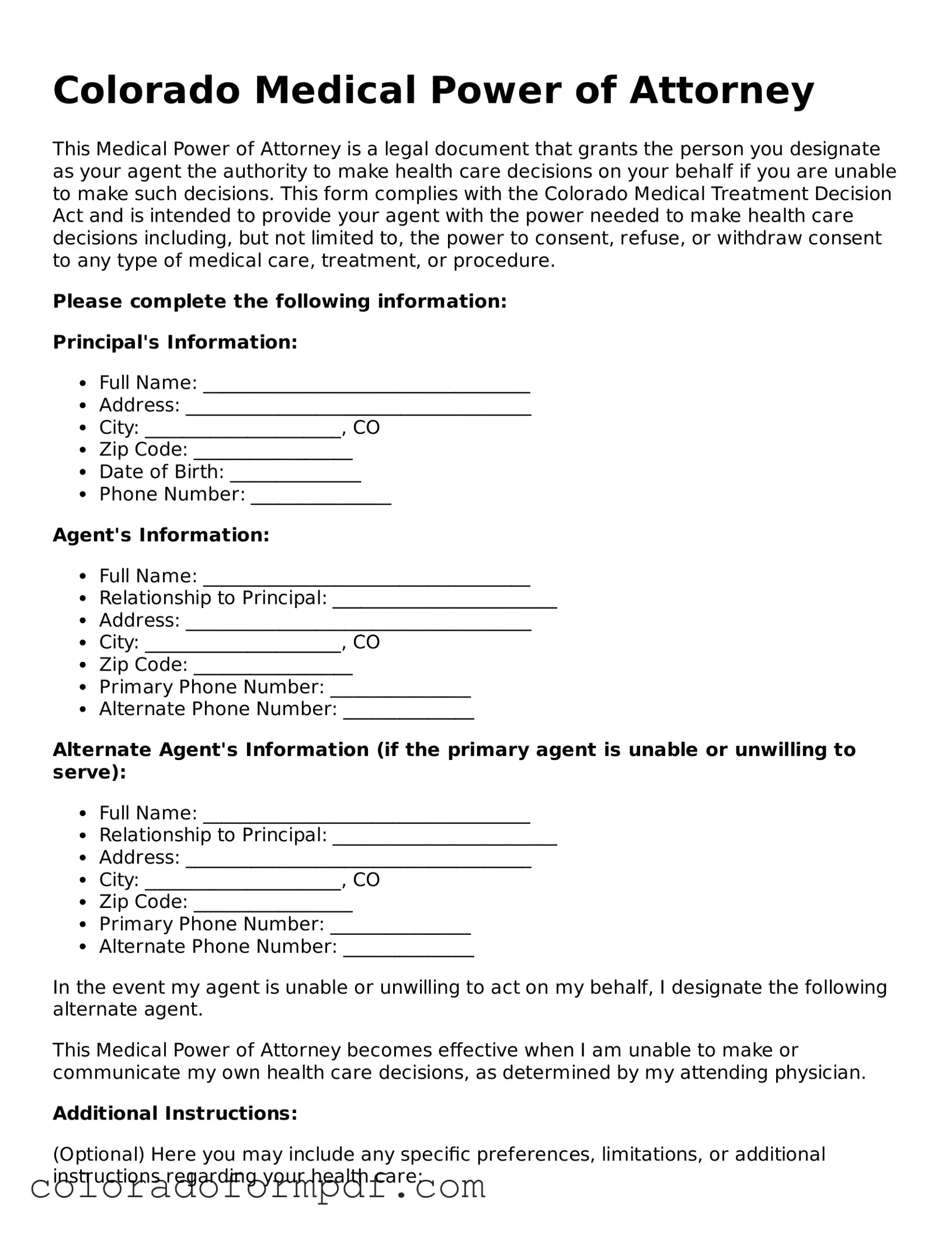 Attorney-Approved  Medical Power of Attorney Template for Colorado
