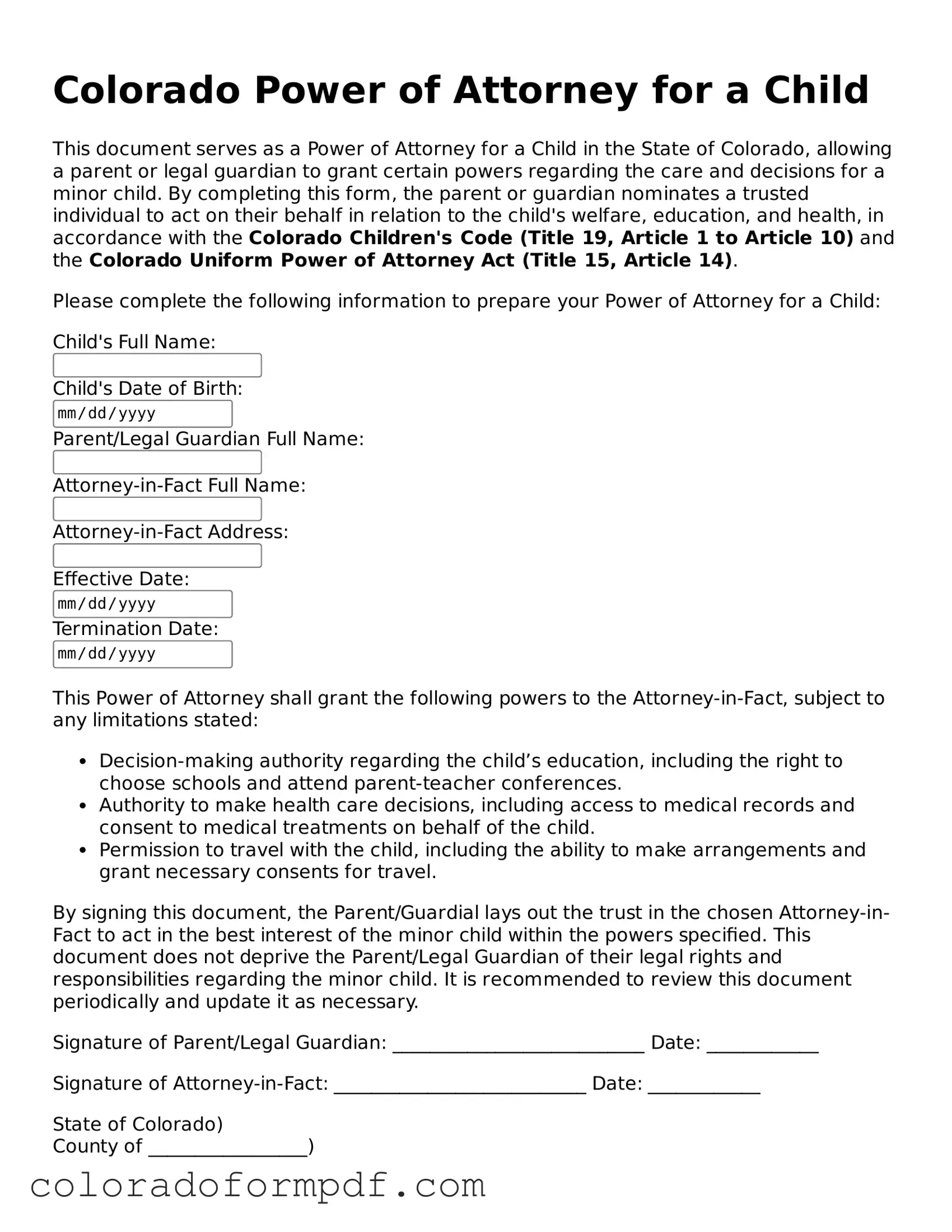 Attorney-Approved  Power of Attorney for a Child Template for Colorado