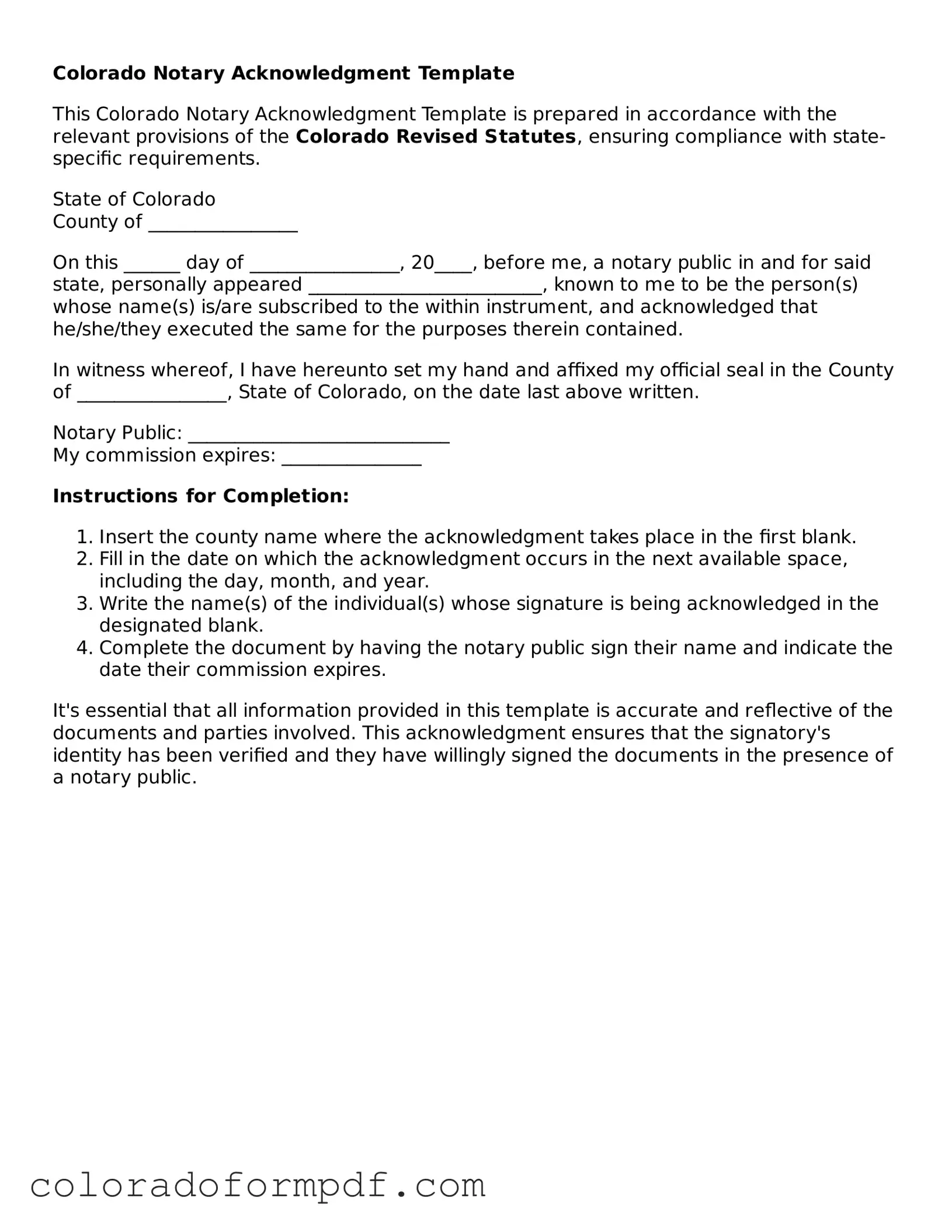 Attorney-Approved  Notary Acknowledgement Template for Colorado