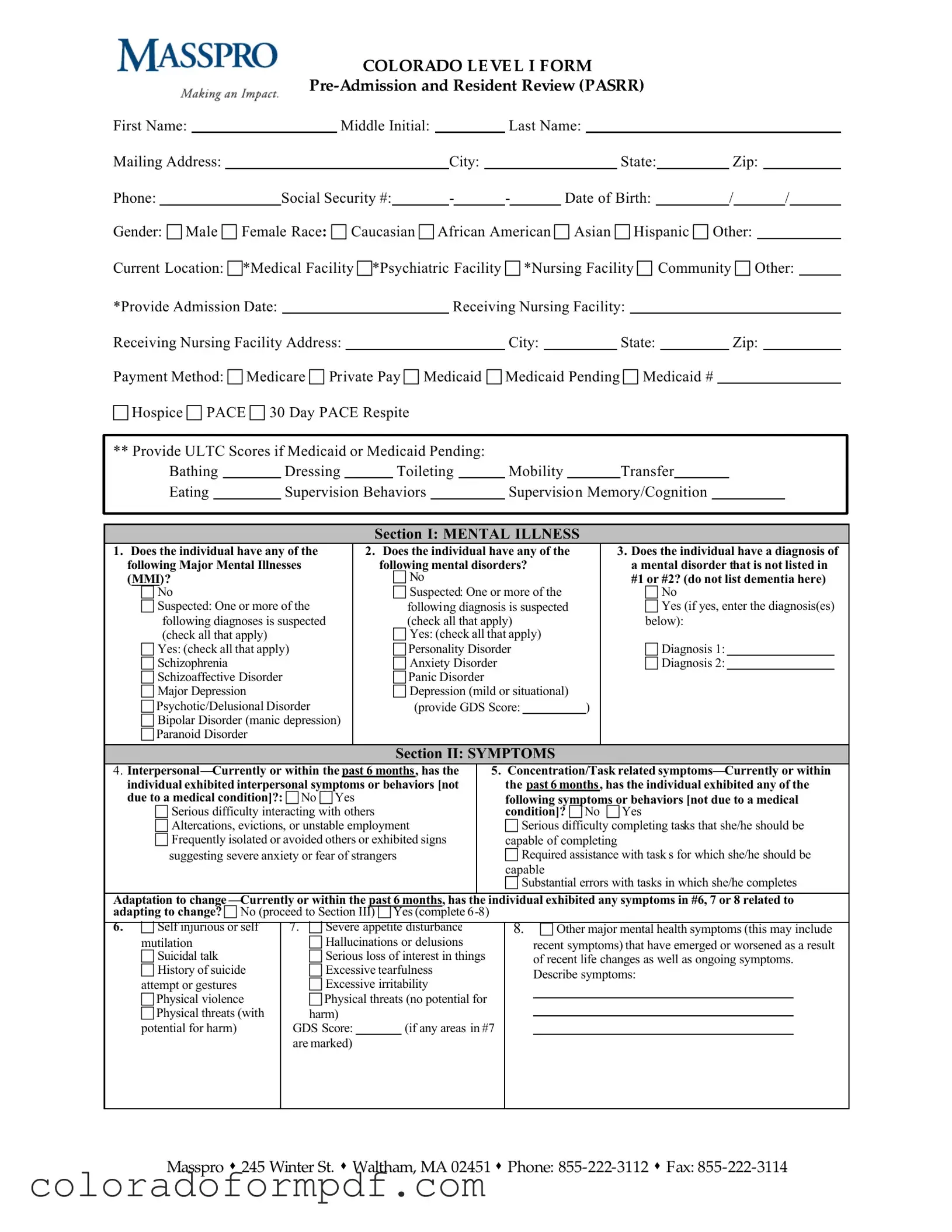Fill Out Your Colorado Post Admission Level 1 Passr Form