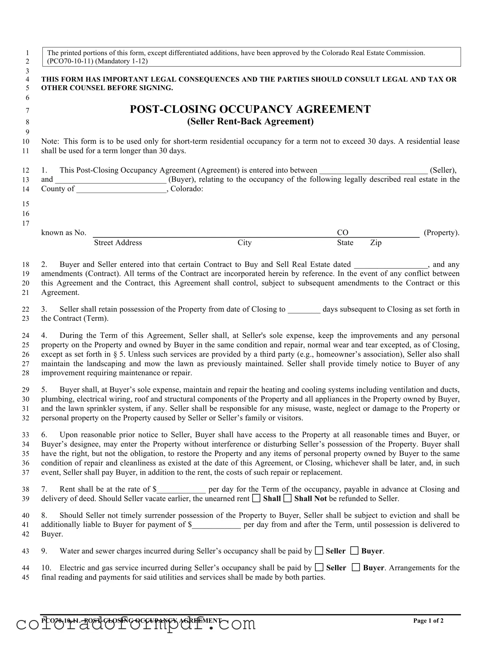 Fill Out Your Colorado Post Closing Occupancy Agreement Form