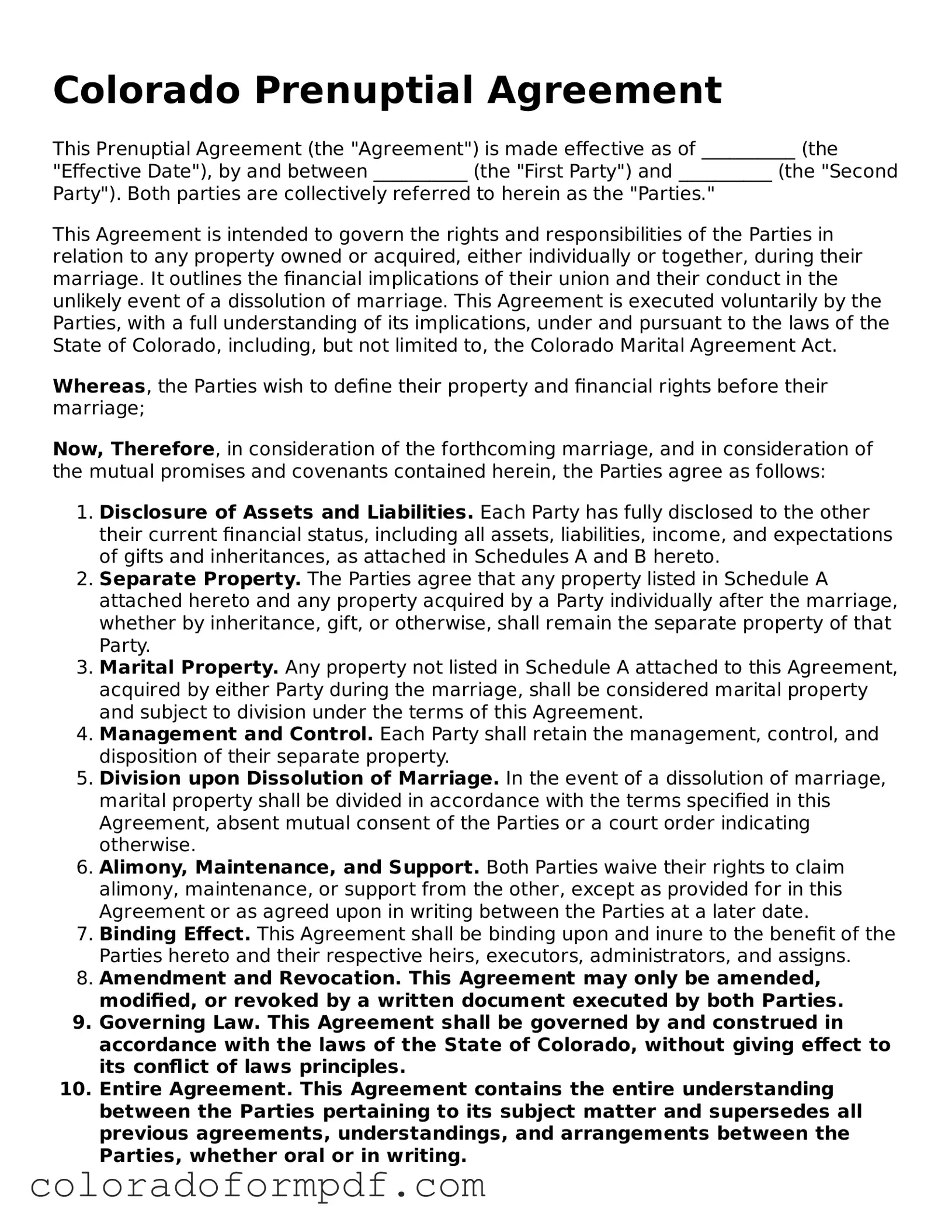 Attorney-Approved  Prenuptial Agreement Template for Colorado