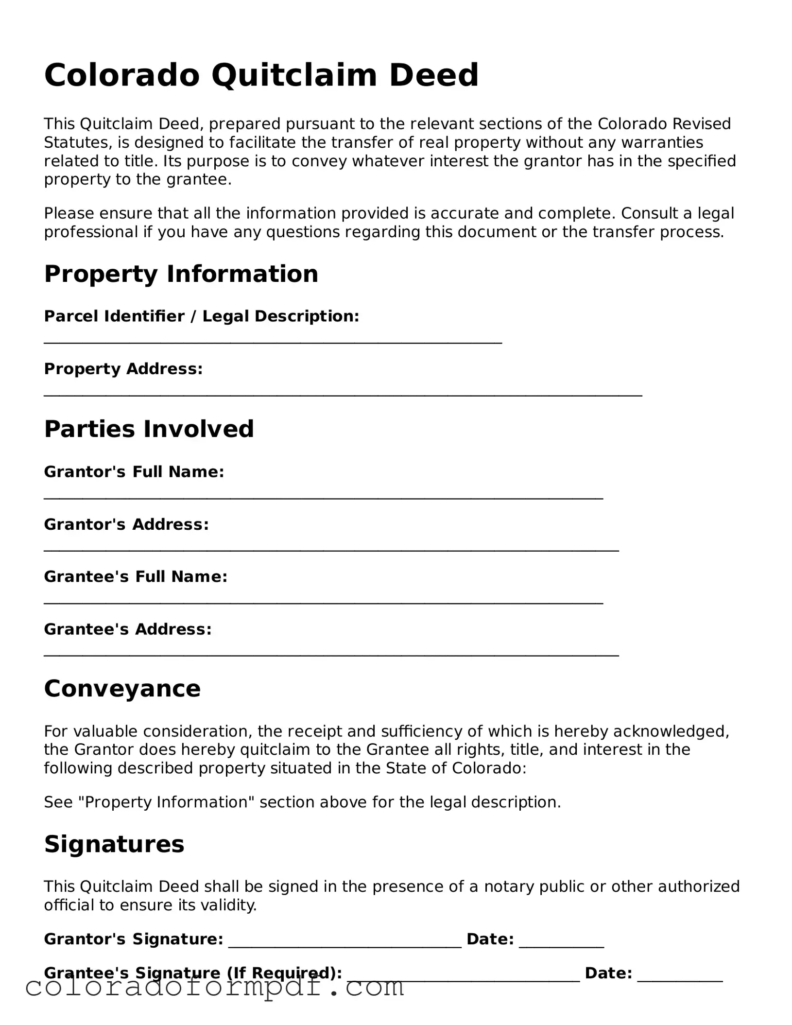 Attorney-Approved  Quitclaim Deed Template for Colorado