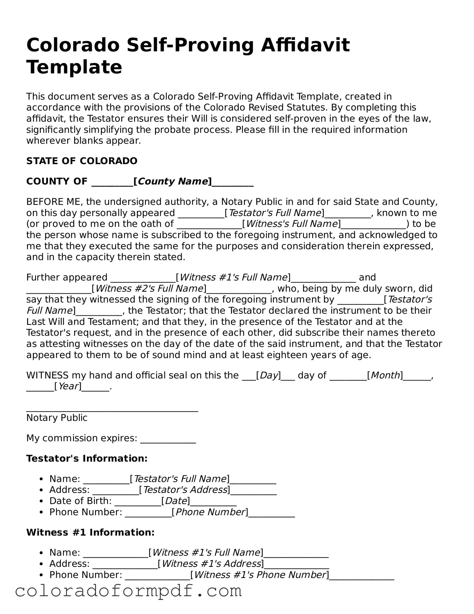 Attorney-Approved  Self-Proving Affidavit Template for Colorado