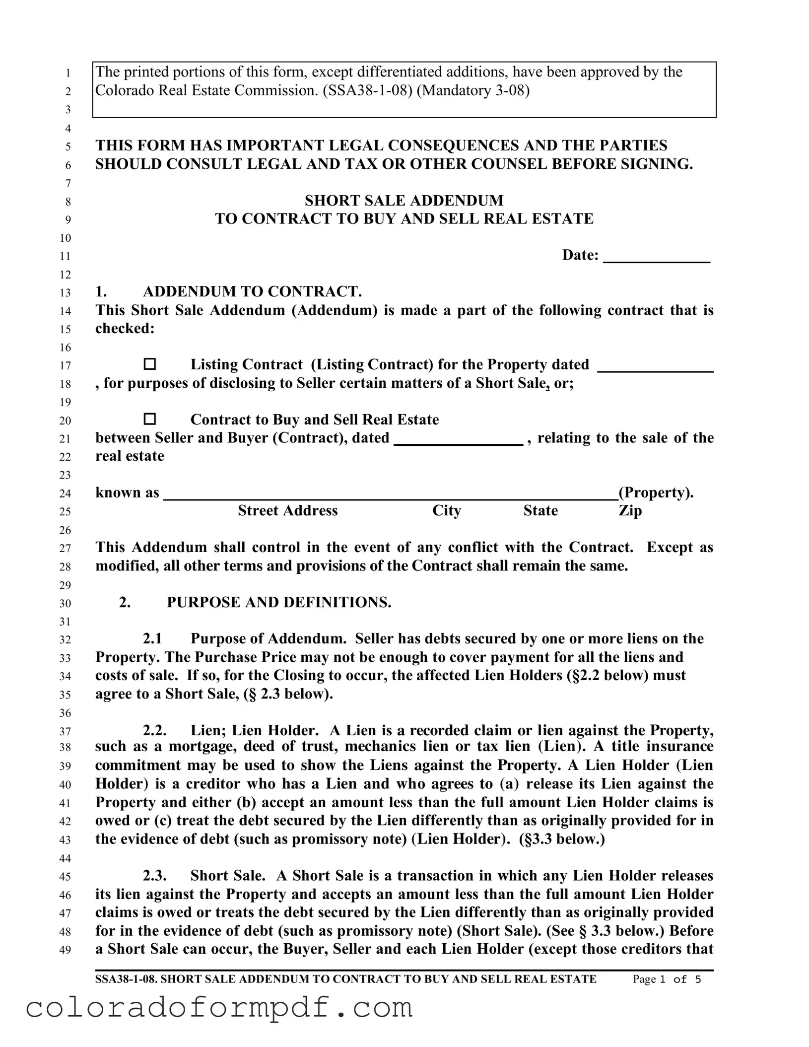 Fill Out Your Colorado Short Sale Addendum Form