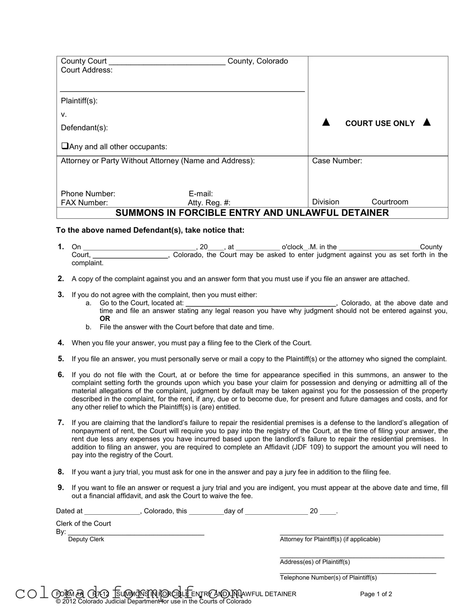 Fill Out Your Colorado Summons Form