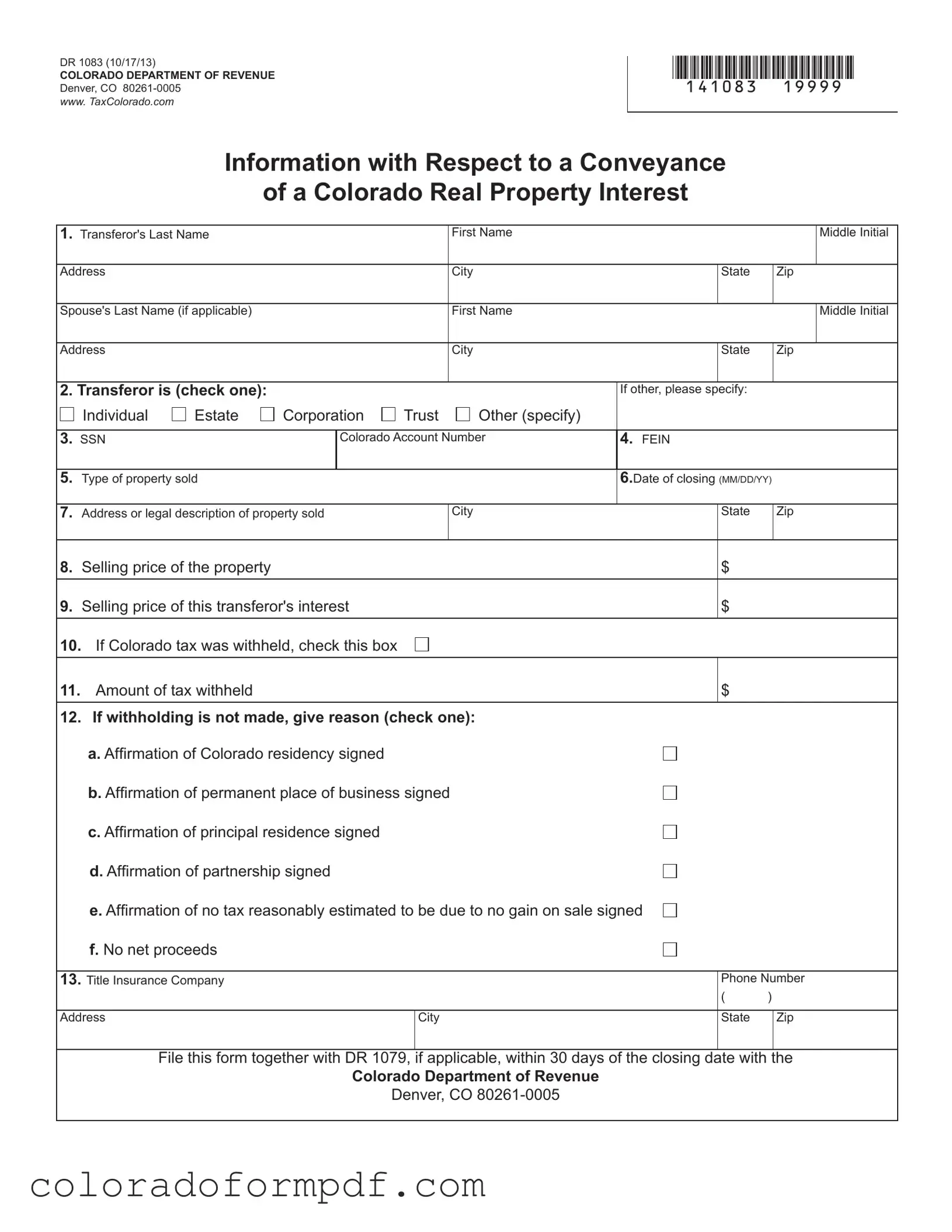 Fill Out Your Dr 1083 Colorado Form