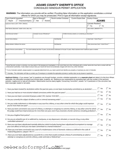 Fill Out Your Adams County Colorado Concealed Permit Form