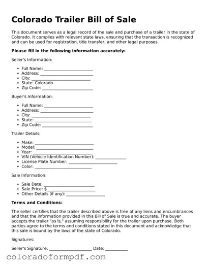Attorney-Approved  Trailer Bill of Sale Template for Colorado