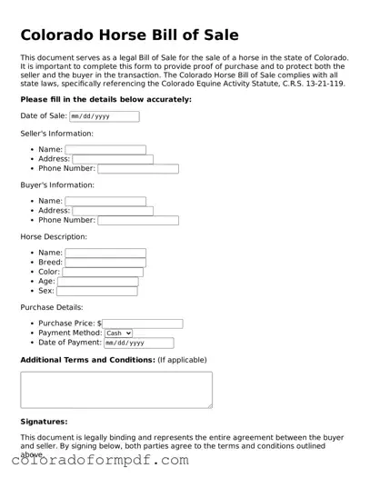 Attorney-Approved  Horse Bill of Sale Template for Colorado