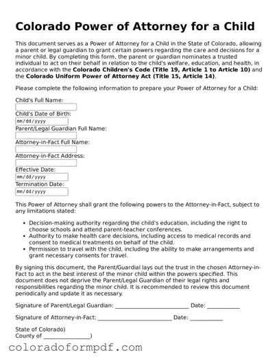 Attorney-Approved  Power of Attorney for a Child Template for Colorado