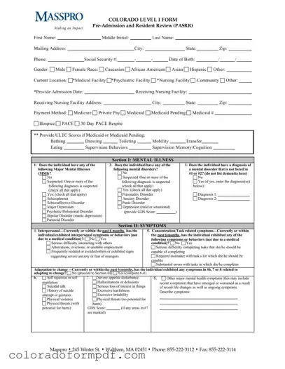 Fill Out Your Colorado Post Admission Level 1 Passr Form